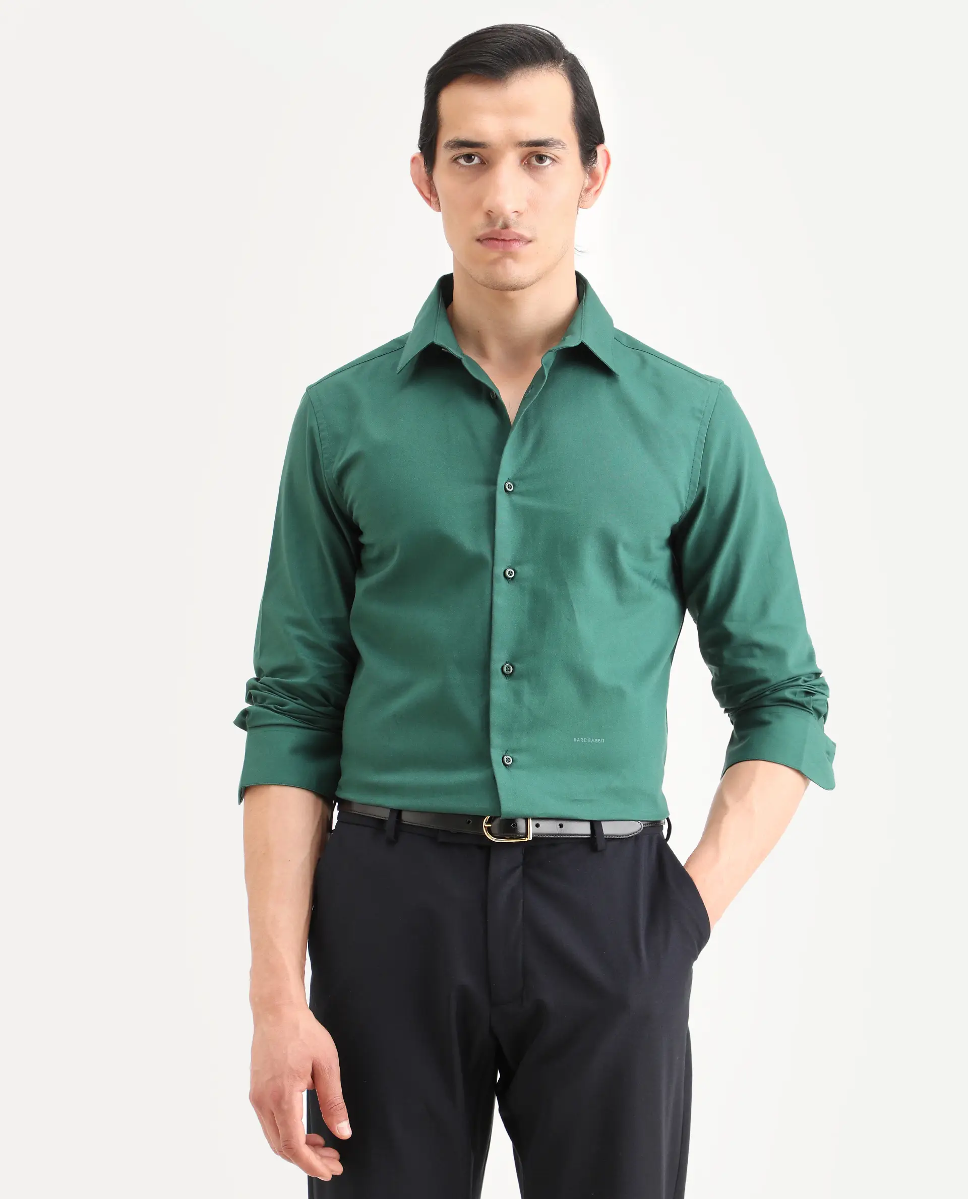 Rare Rabbit Men's Rath Dark Green Cotton Fabric Full Sleeve Spread Collar Regular Fit Plain Shirt - Image 4