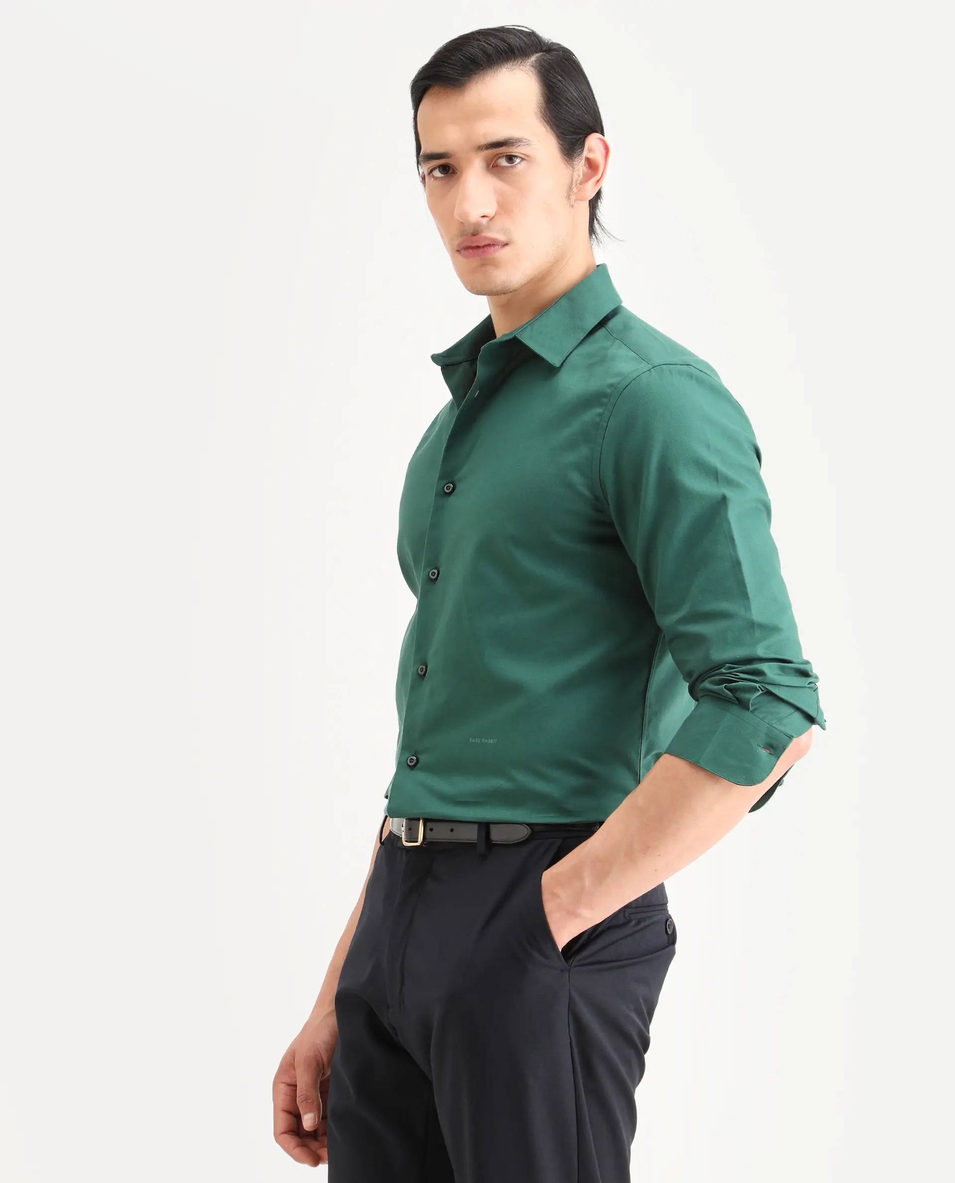Rare Rabbit Men's Rath Dark Green Cotton Fabric Full Sleeve Spread Collar Regular Fit Plain Shirt - Image 5