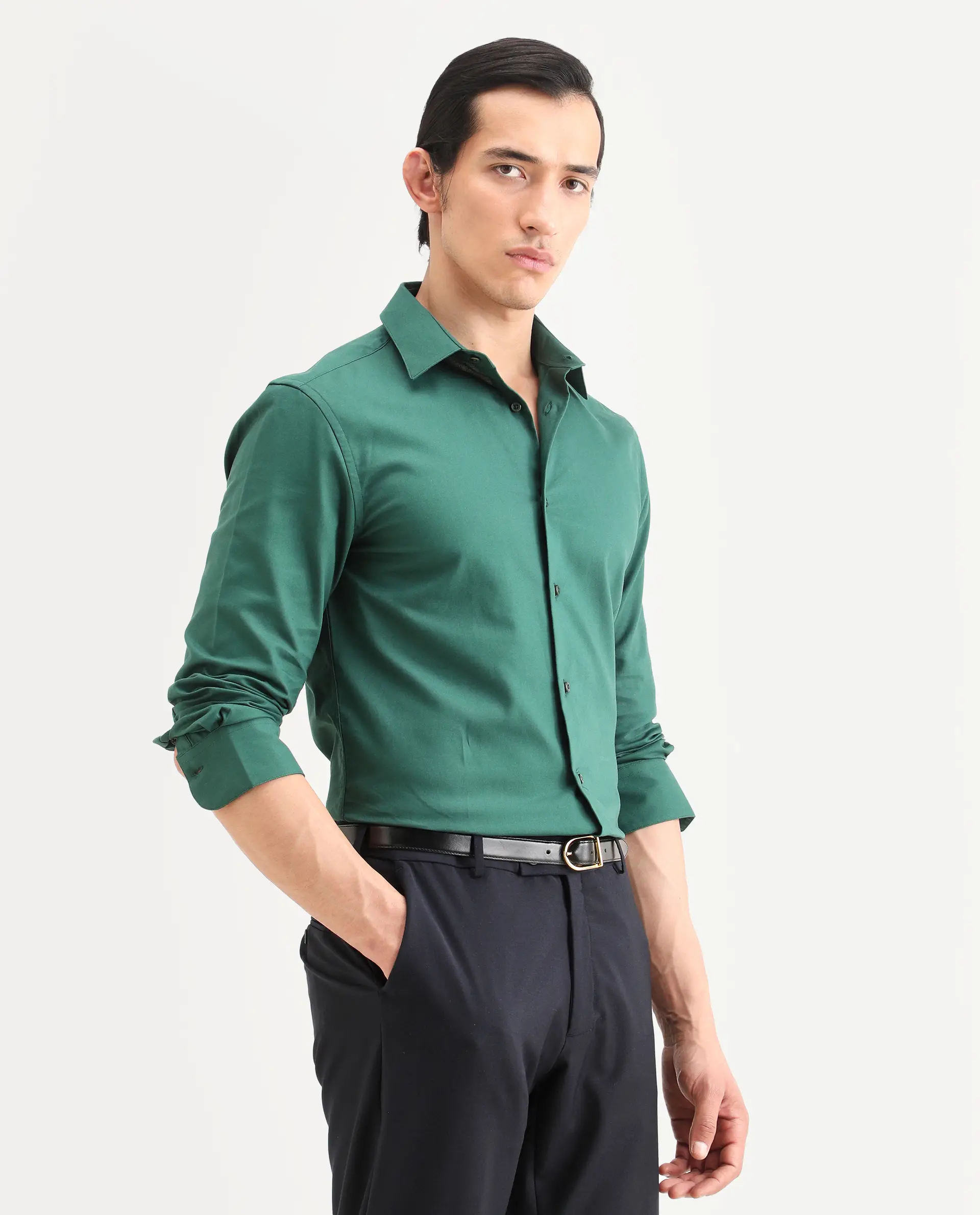 Rare Rabbit Men's Rath Dark Green Cotton Fabric Full Sleeve Spread Collar Regular Fit Plain Shirt - Image 6