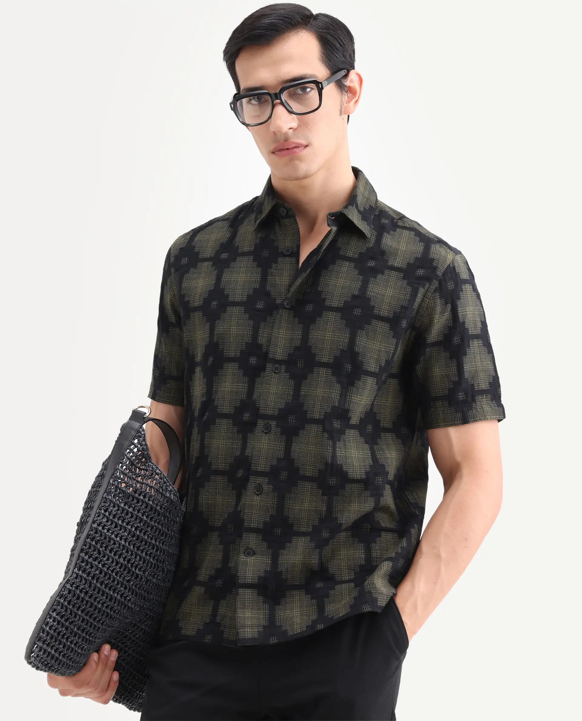 Rare Rabbit Men's Rato Dark Green Cotton Fabric Half Sleeve Spread Collar Button Regular Jacquard Shirt