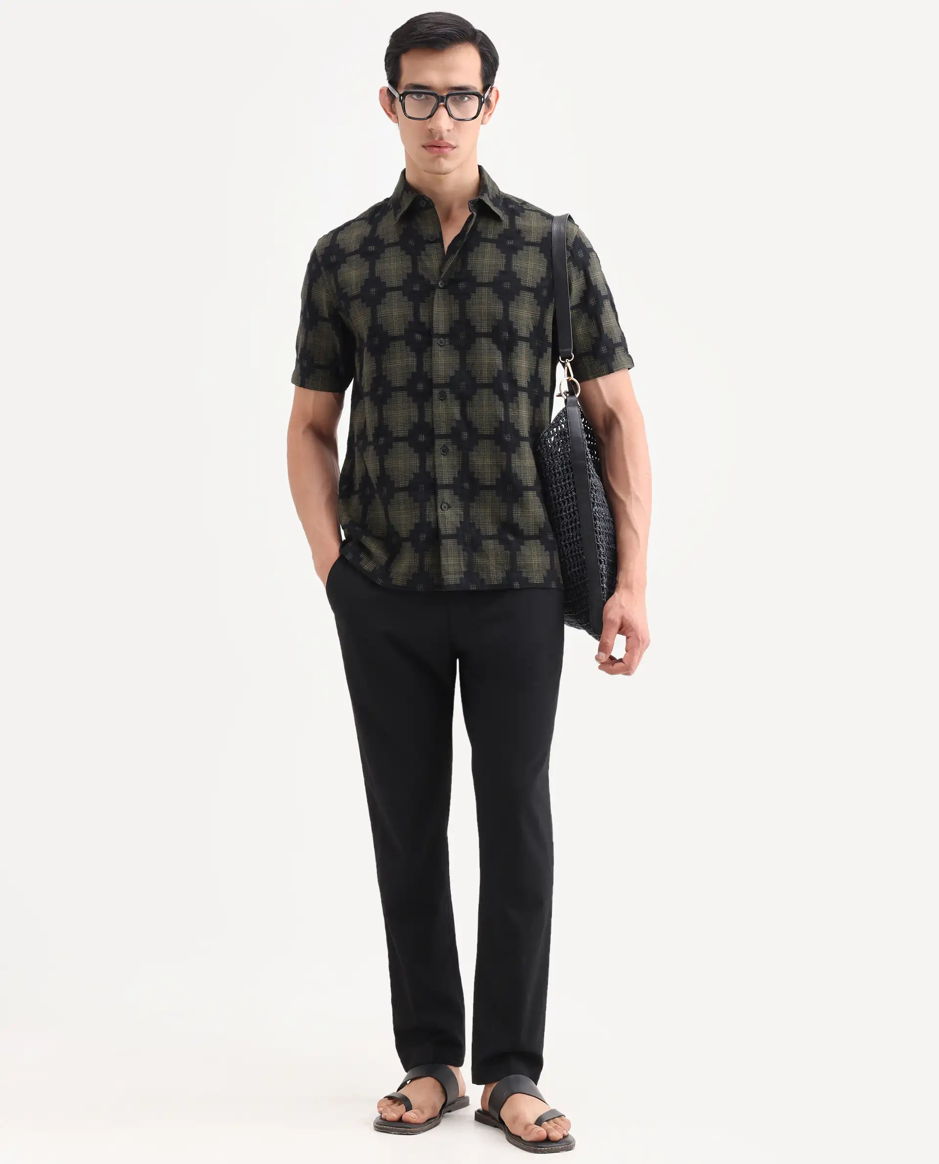 Rare Rabbit Men's Rato Dark Green Cotton Fabric Half Sleeve Spread Collar Button Regular Jacquard Shirt - Image 2