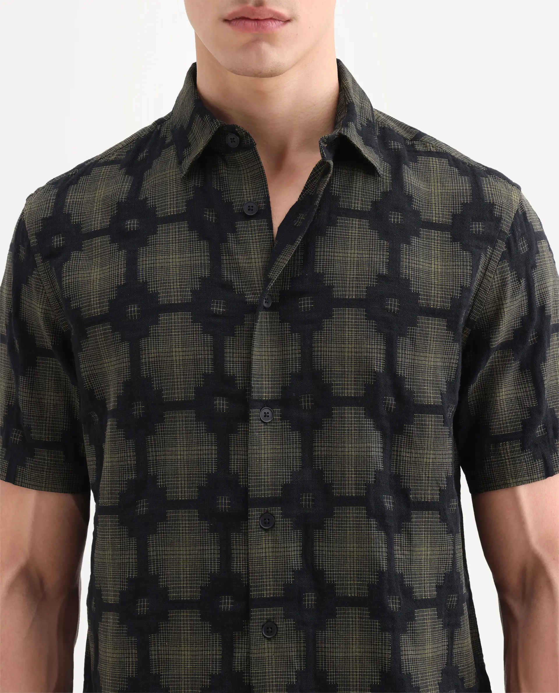 Rare Rabbit Men's Rato Dark Green Cotton Fabric Half Sleeve Spread Collar Button Regular Jacquard Shirt - Image 3