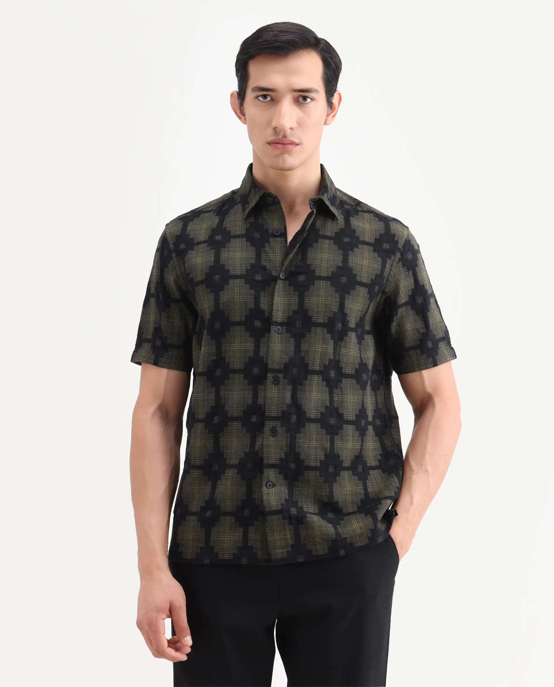 Rare Rabbit Men's Rato Dark Green Cotton Fabric Half Sleeve Spread Collar Button Regular Jacquard Shirt - Image 4