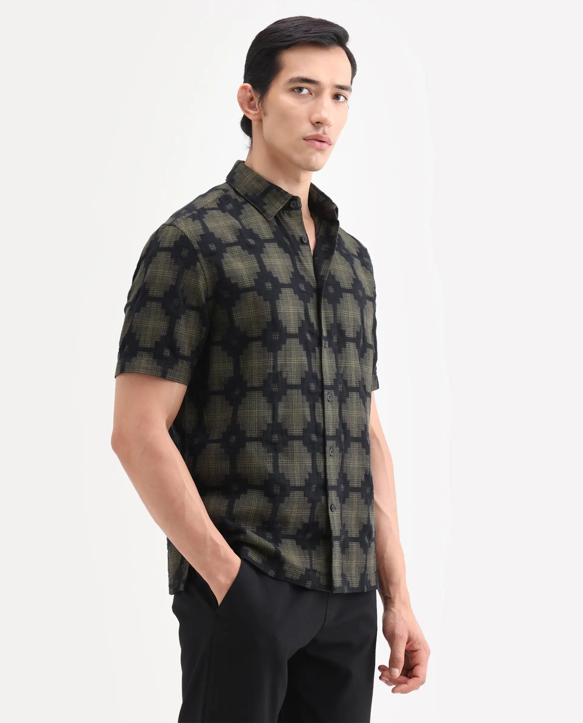 Rare Rabbit Men's Rato Dark Green Cotton Fabric Half Sleeve Spread Collar Button Regular Jacquard Shirt - Image 5