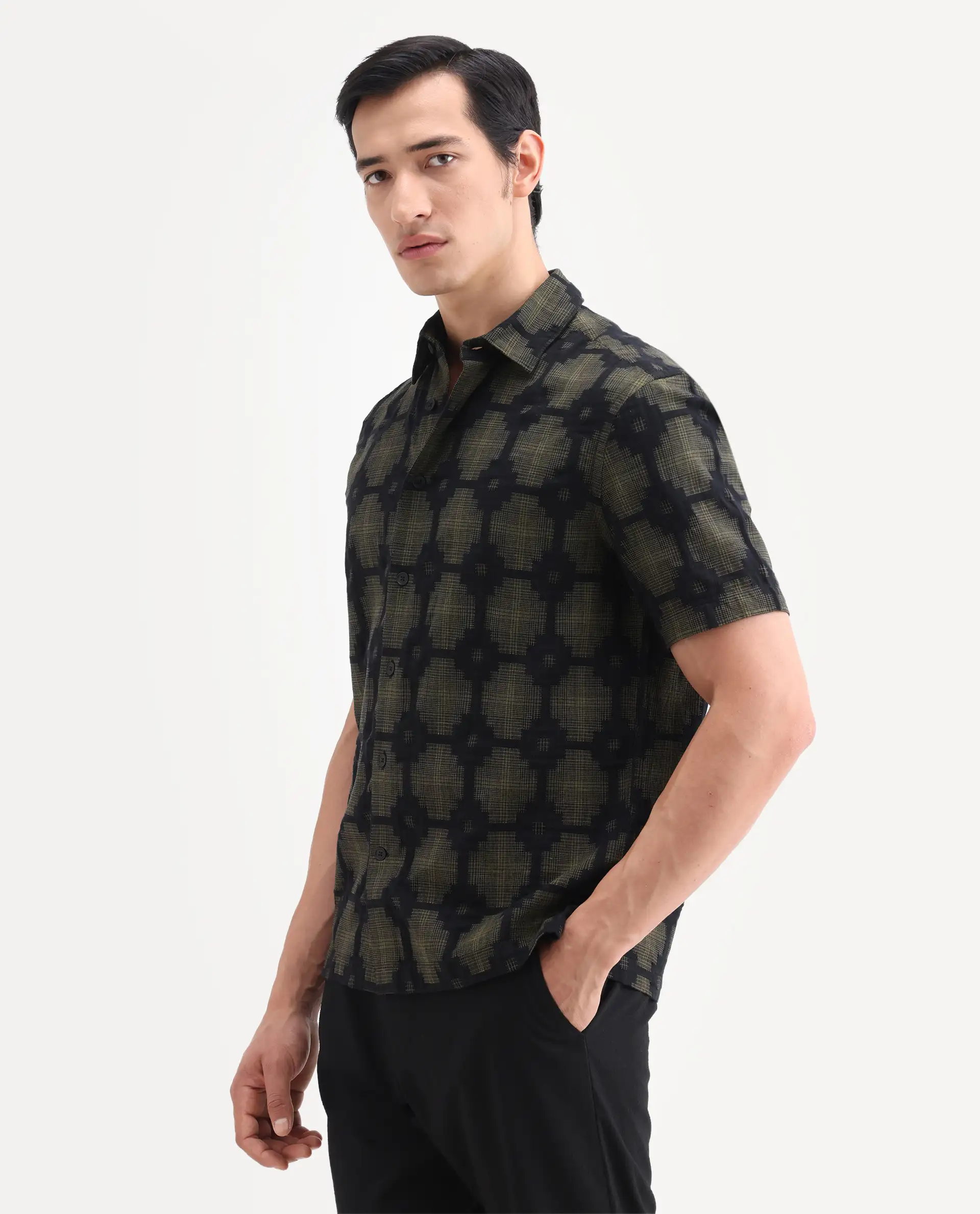 Rare Rabbit Men's Rato Dark Green Cotton Fabric Half Sleeve Spread Collar Button Regular Jacquard Shirt - Image 6