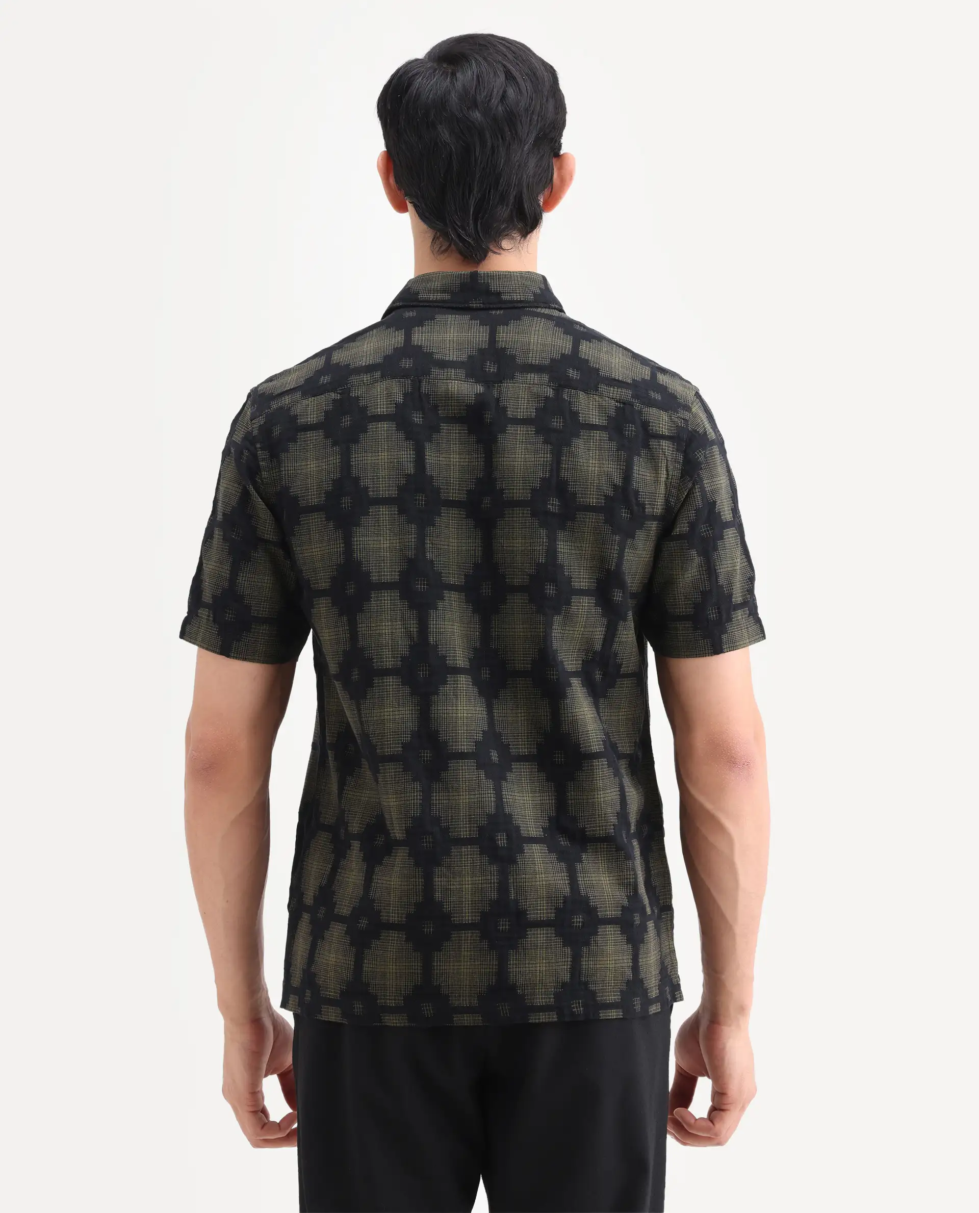 Rare Rabbit Men's Rato Dark Green Cotton Fabric Half Sleeve Spread Collar Button Regular Jacquard Shirt - Image 7