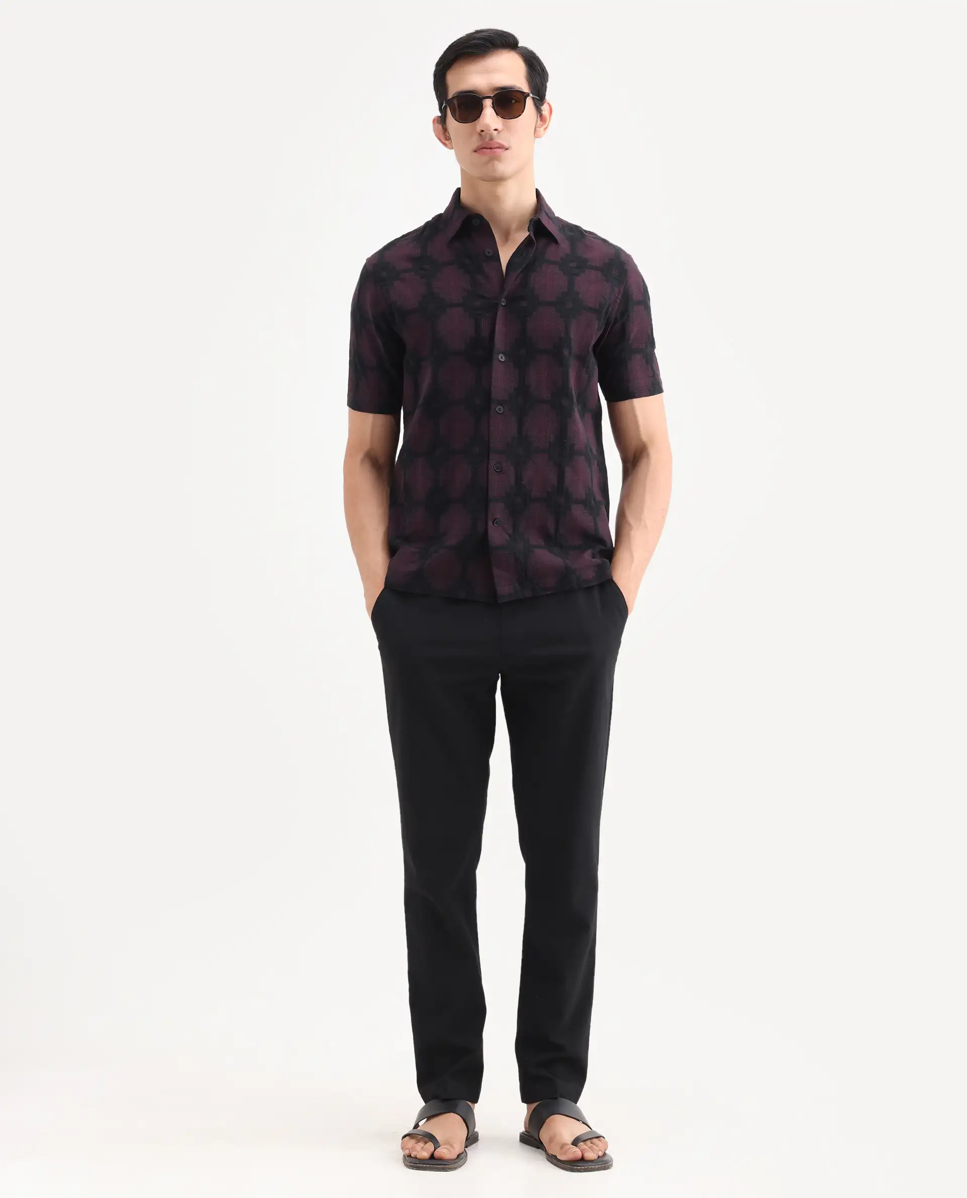 Rare Rabbit Men's Rato Dark Red Cotton Fabric Half Sleeve Spread Collar Button Regular Jacquard Shirt - Image 2