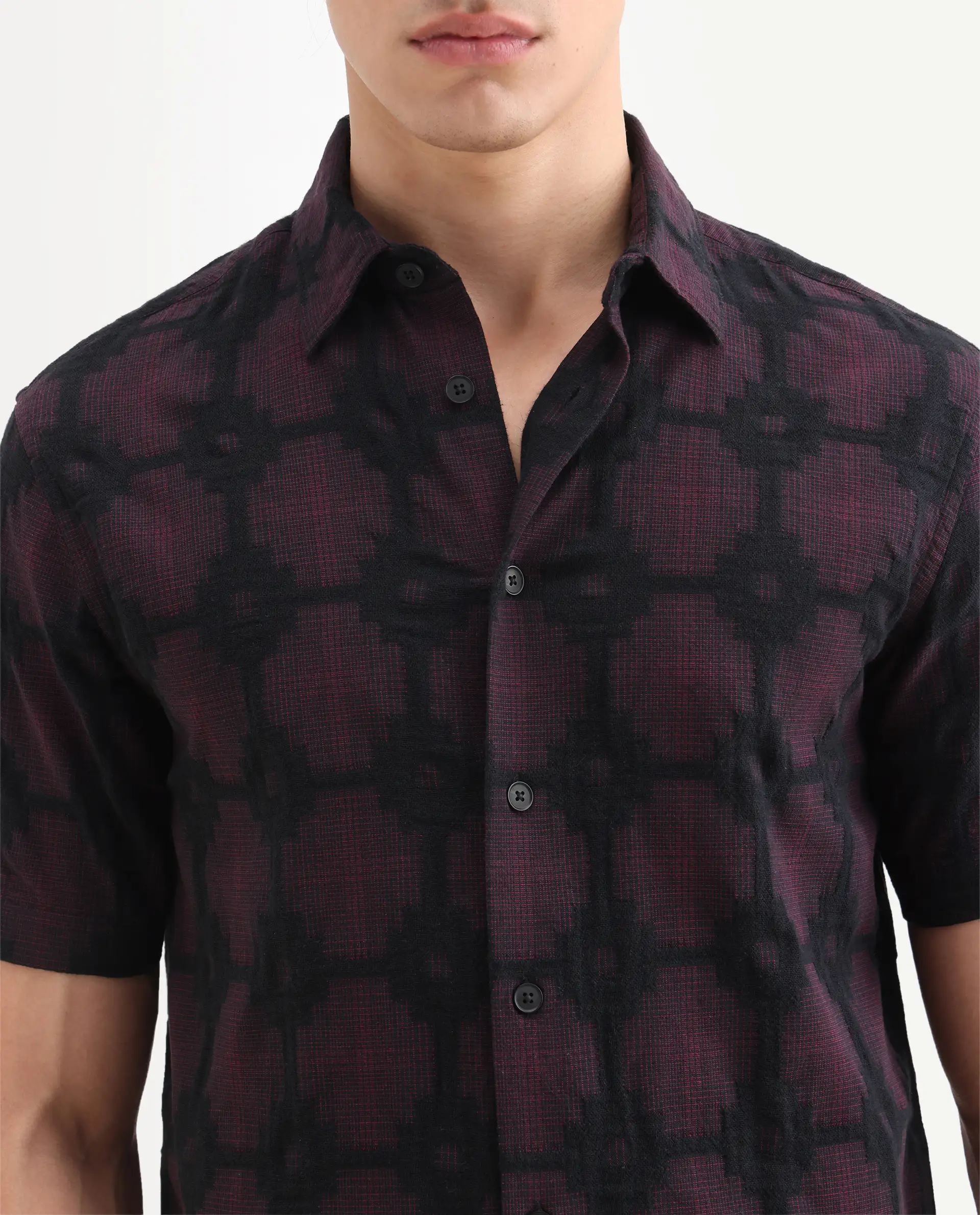 Rare Rabbit Men's Rato Dark Red Cotton Fabric Half Sleeve Spread Collar Button Regular Jacquard Shirt - Image 3