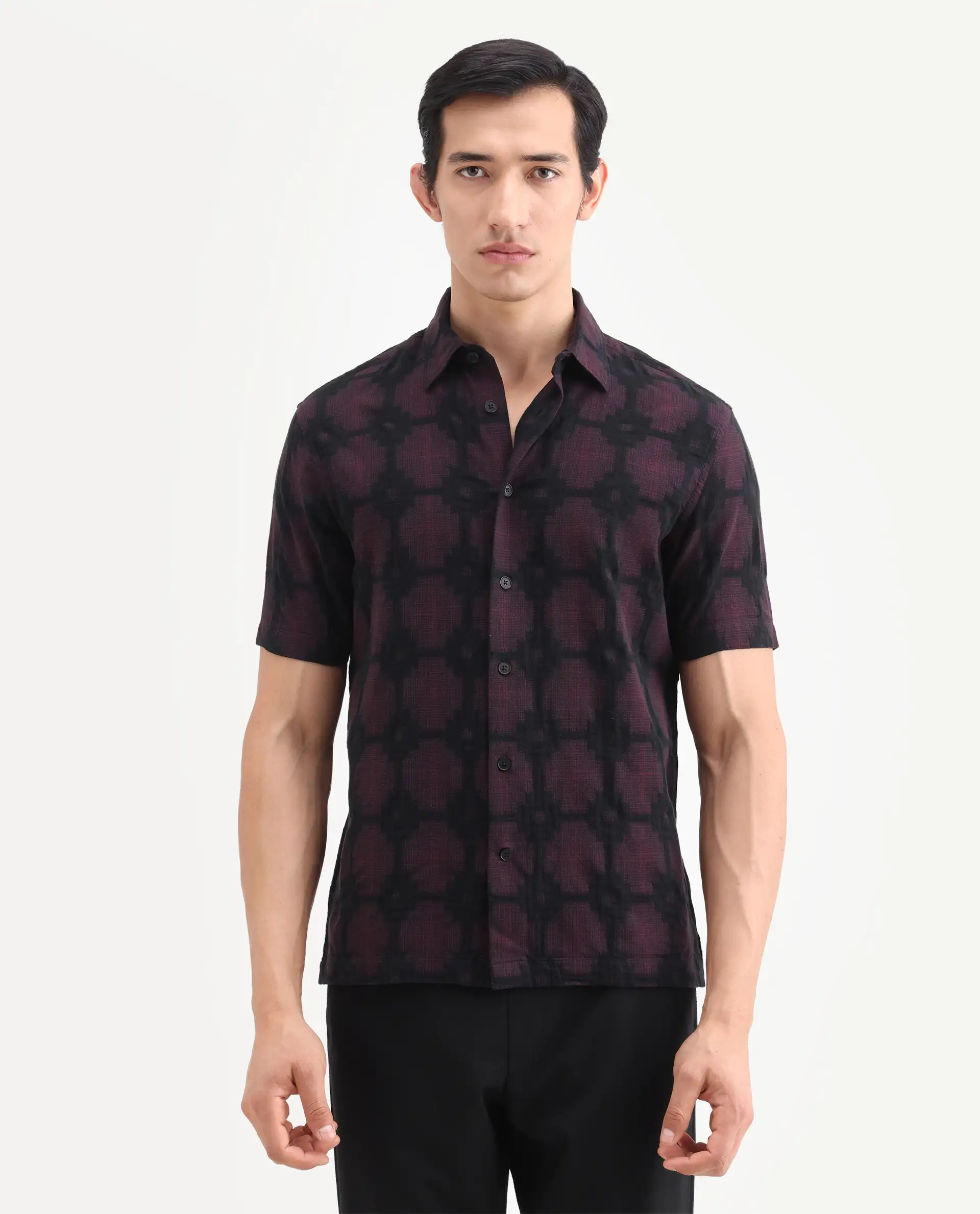 Rare Rabbit Men's Rato Dark Red Cotton Fabric Half Sleeve Spread Collar Button Regular Jacquard Shirt - Image 4