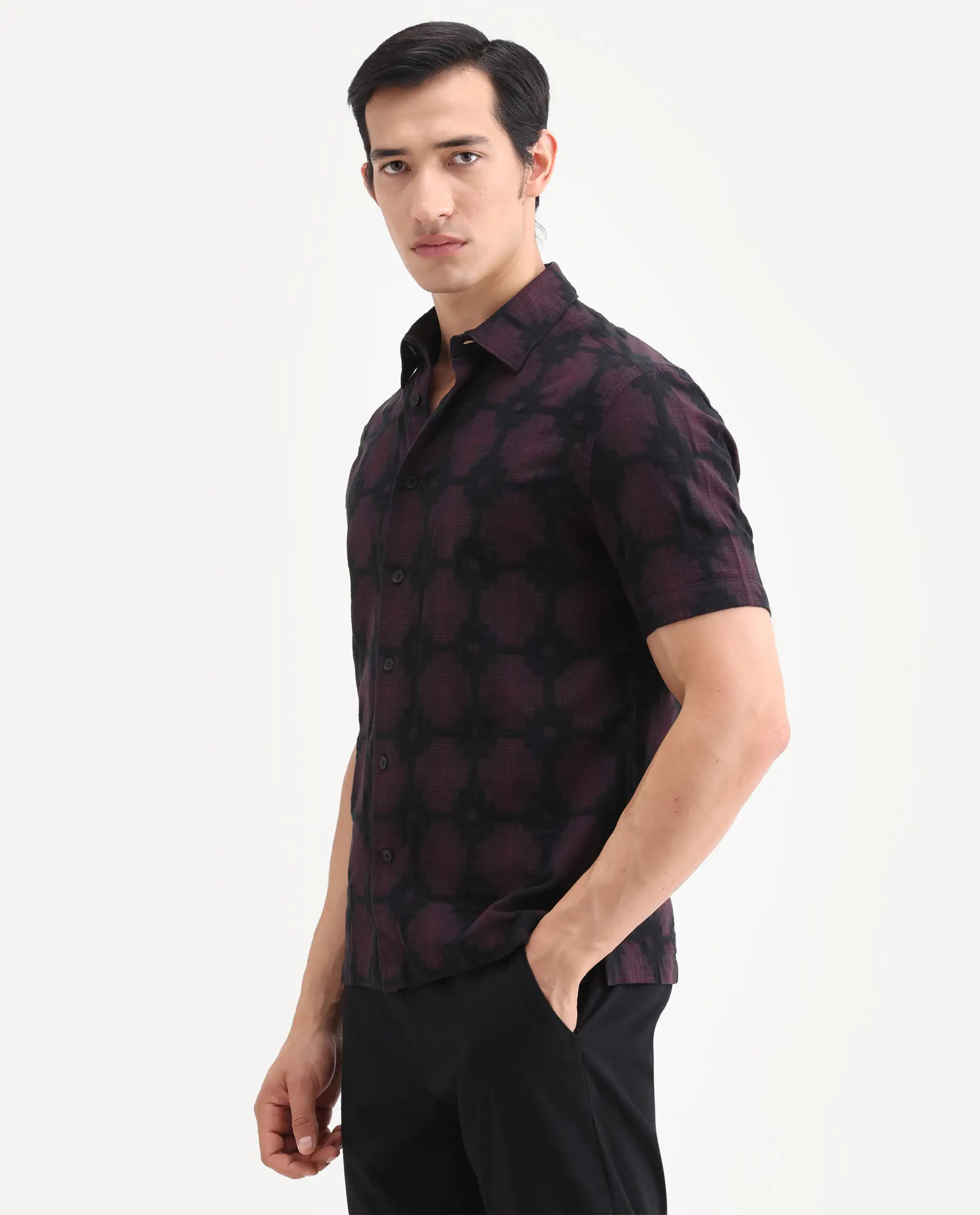Rare Rabbit Men's Rato Dark Red Cotton Fabric Half Sleeve Spread Collar Button Regular Jacquard Shirt - Image 5