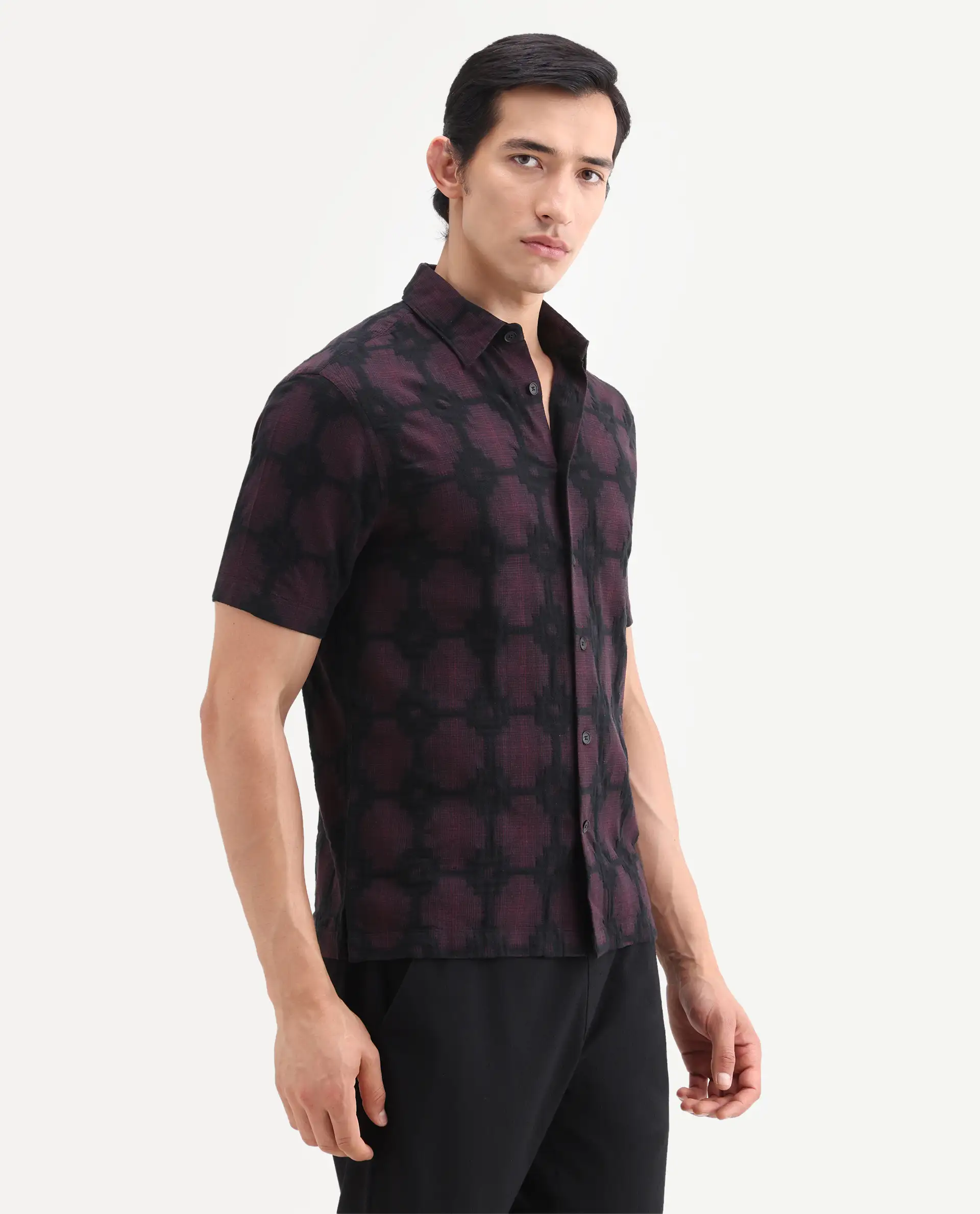 Rare Rabbit Men's Rato Dark Red Cotton Fabric Half Sleeve Spread Collar Button Regular Jacquard Shirt - Image 6