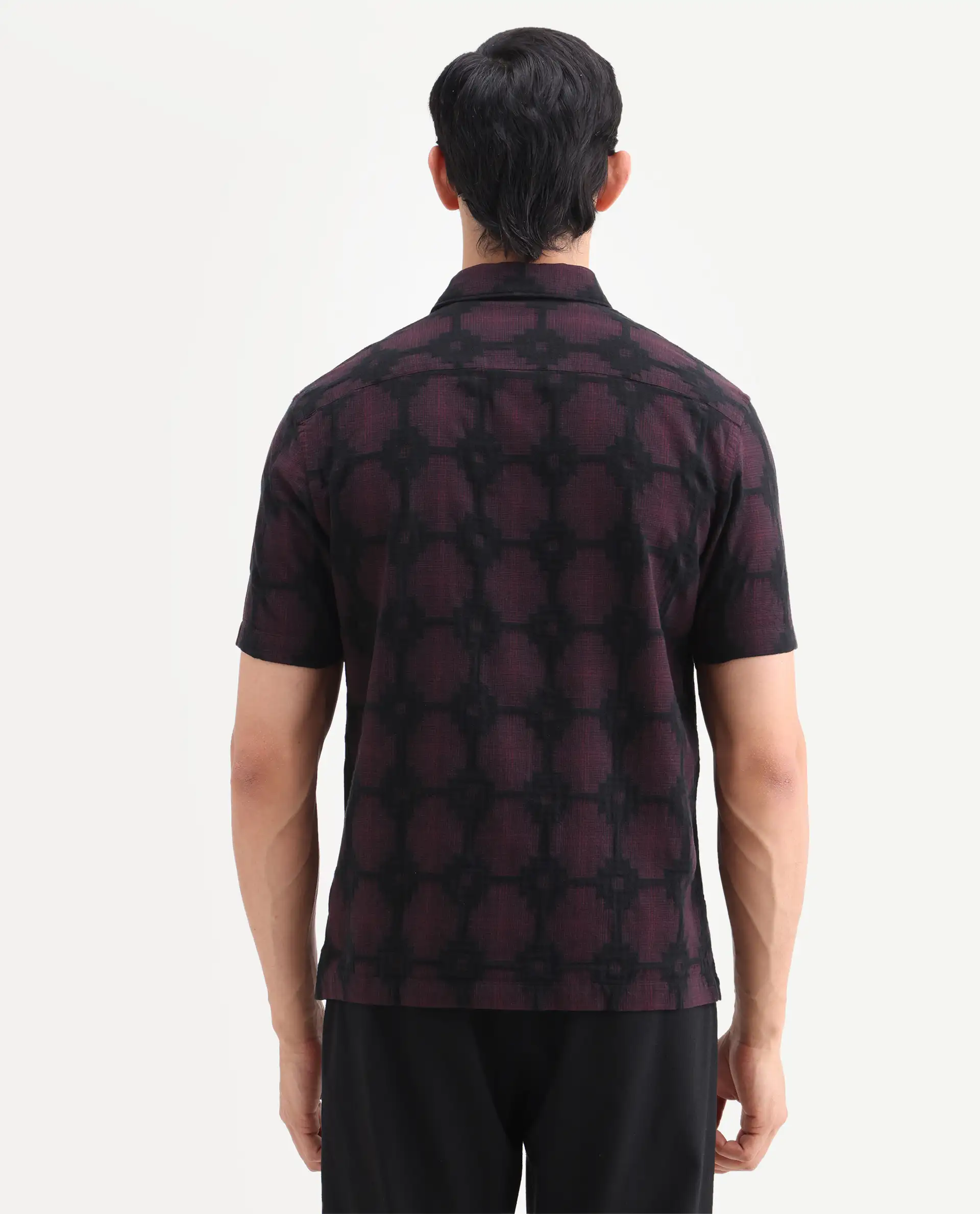Rare Rabbit Men's Rato Dark Red Cotton Fabric Half Sleeve Spread Collar Button Regular Jacquard Shirt - Image 7