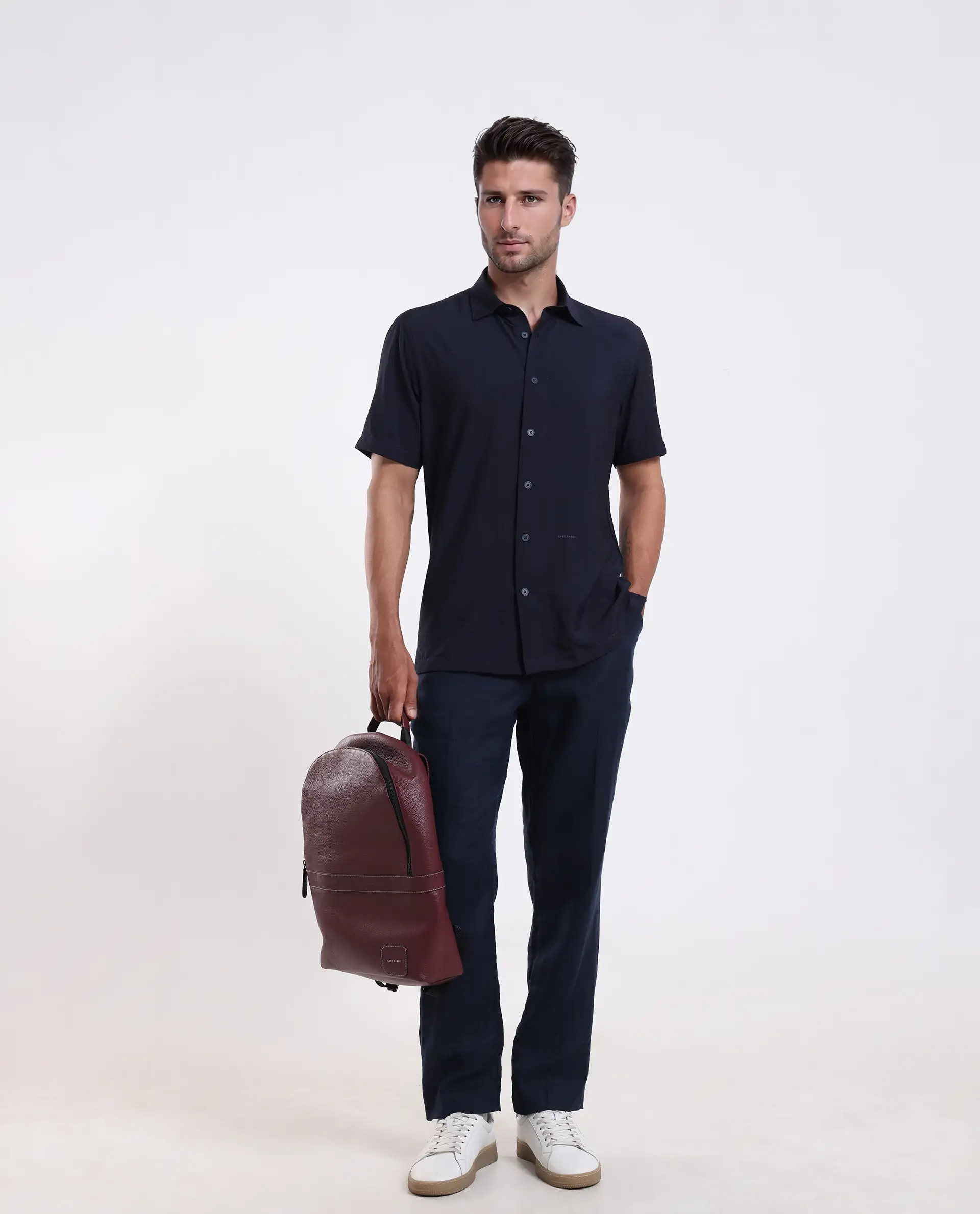 Rare Rabbit Men's Ratuh Navy Viscose Nylon Fabric Half Sleeve Spread Collar Button Closure Regular Fit Plain Shirt - Image 2