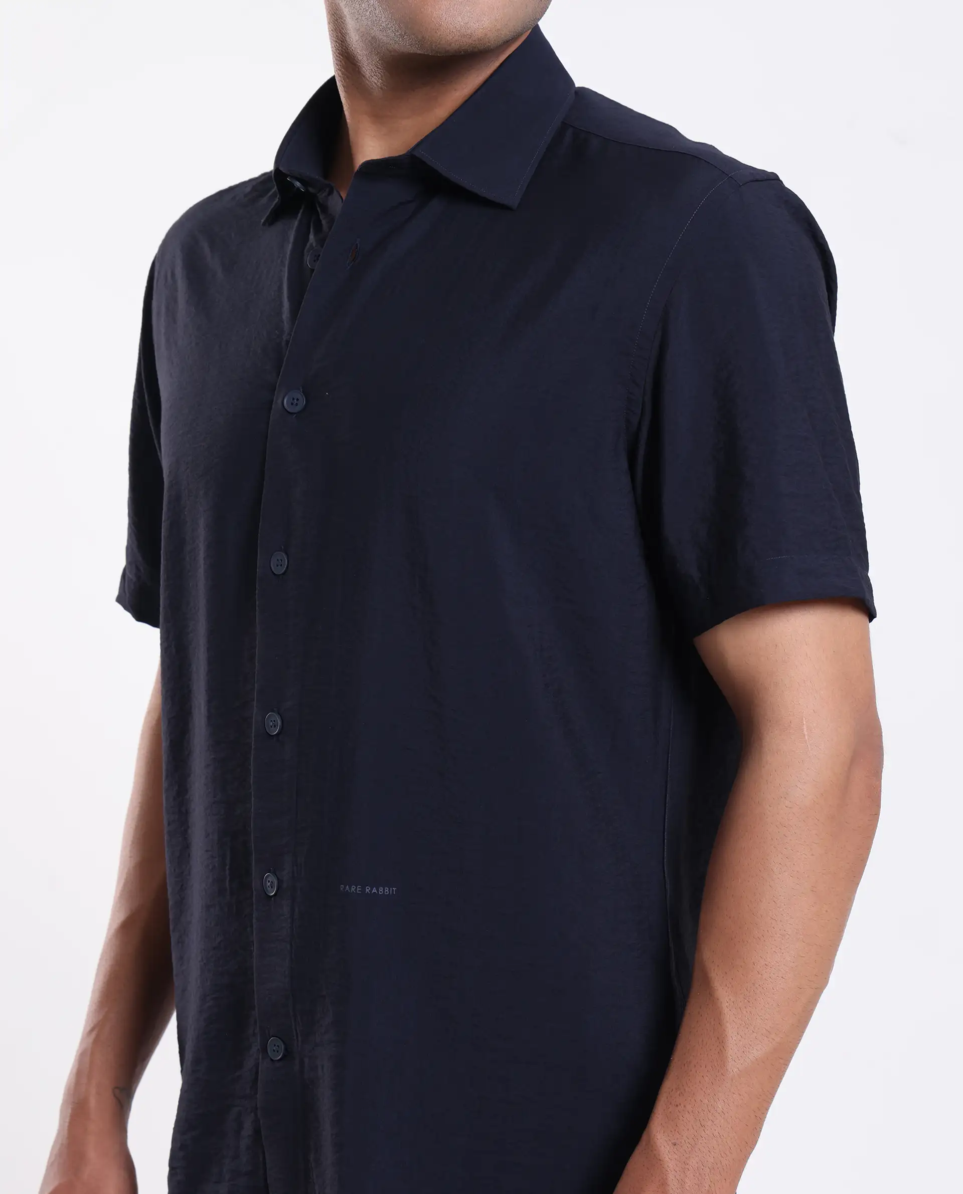 Rare Rabbit Men's Ratuh Navy Viscose Nylon Fabric Half Sleeve Spread Collar Button Closure Regular Fit Plain Shirt - Image 3
