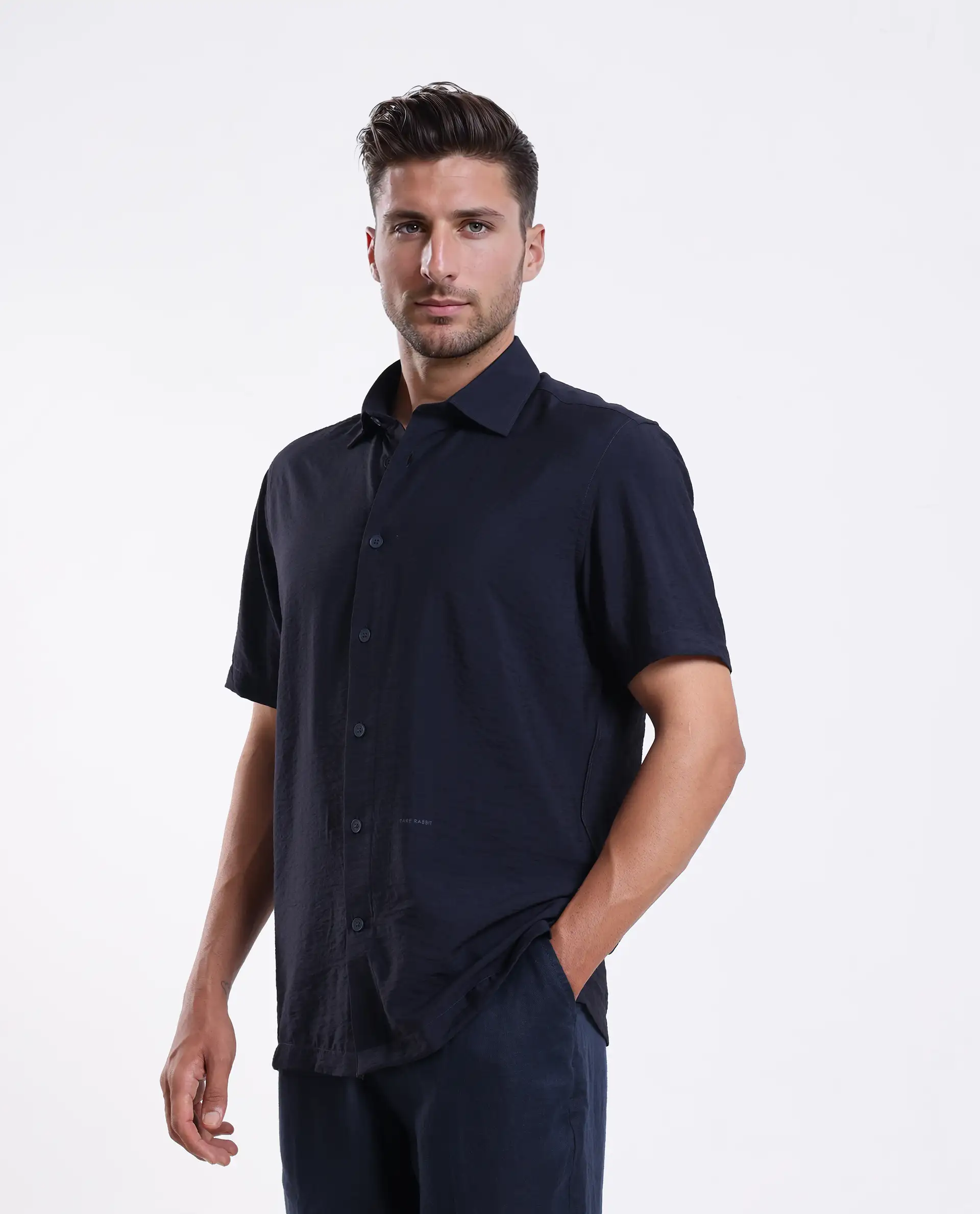 Rare Rabbit Men's Ratuh Navy Viscose Nylon Fabric Half Sleeve Spread Collar Button Closure Regular Fit Plain Shirt - Image 4