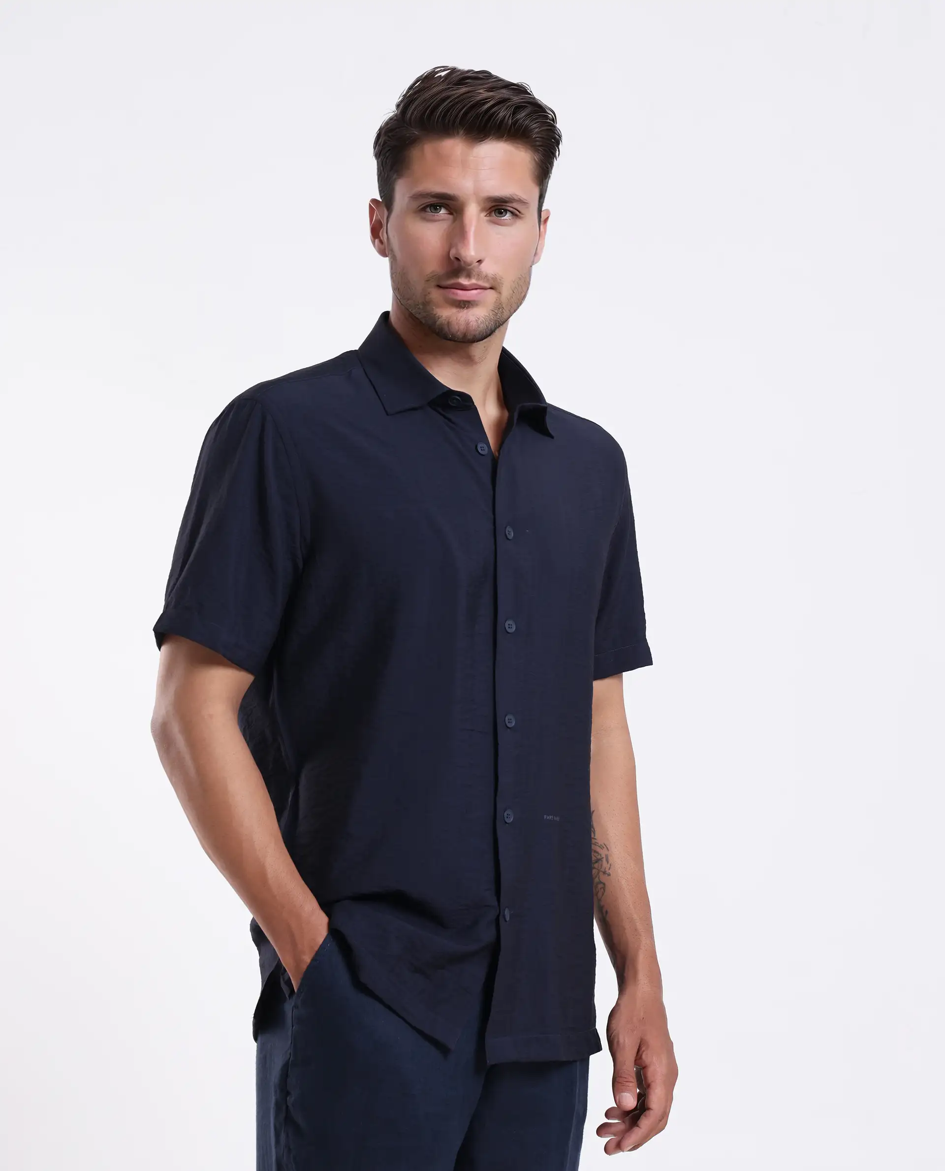Rare Rabbit Men's Ratuh Navy Viscose Nylon Fabric Half Sleeve Spread Collar Button Closure Regular Fit Plain Shirt - Image 5