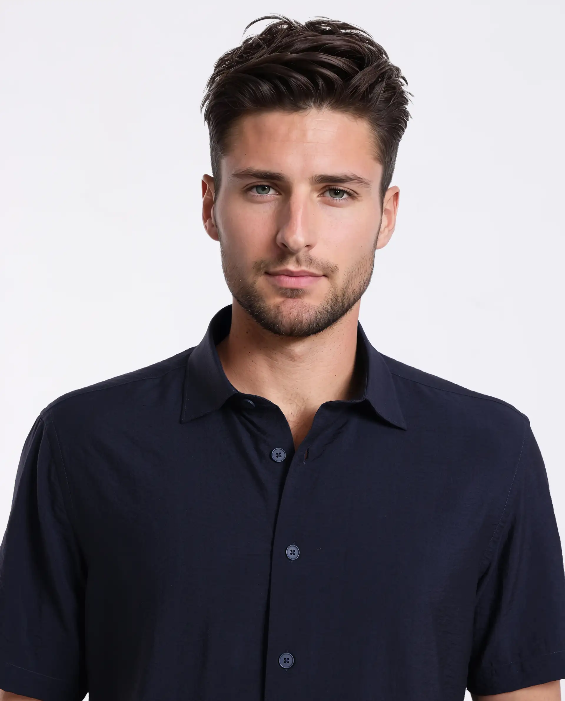 Rare Rabbit Men's Ratuh Navy Viscose Nylon Fabric Half Sleeve Spread Collar Button Closure Regular Fit Plain Shirt - Image 6