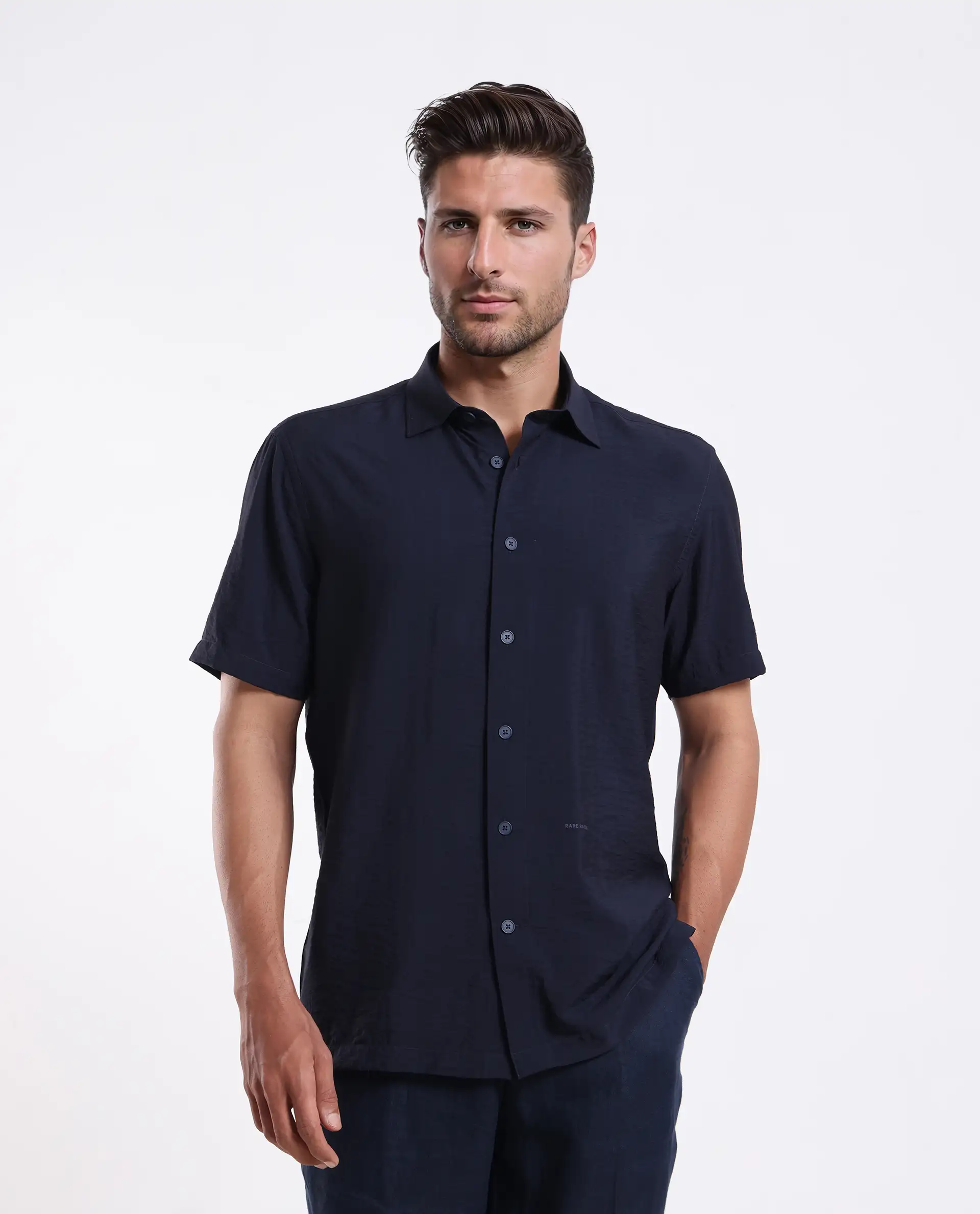 Rare Rabbit Men's Ratuh Navy Viscose Nylon Fabric Half Sleeve Spread Collar Button Closure Regular Fit Plain Shirt - Image 7