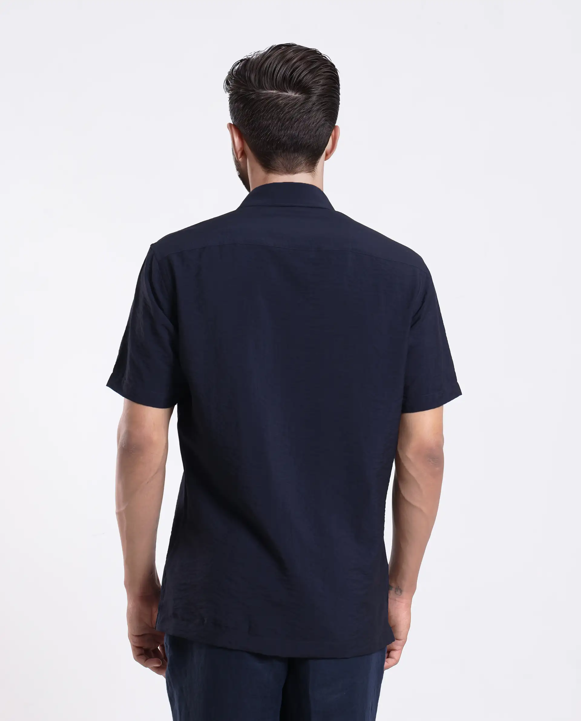 Rare Rabbit Men's Ratuh Navy Viscose Nylon Fabric Half Sleeve Spread Collar Button Closure Regular Fit Plain Shirt - Image 8