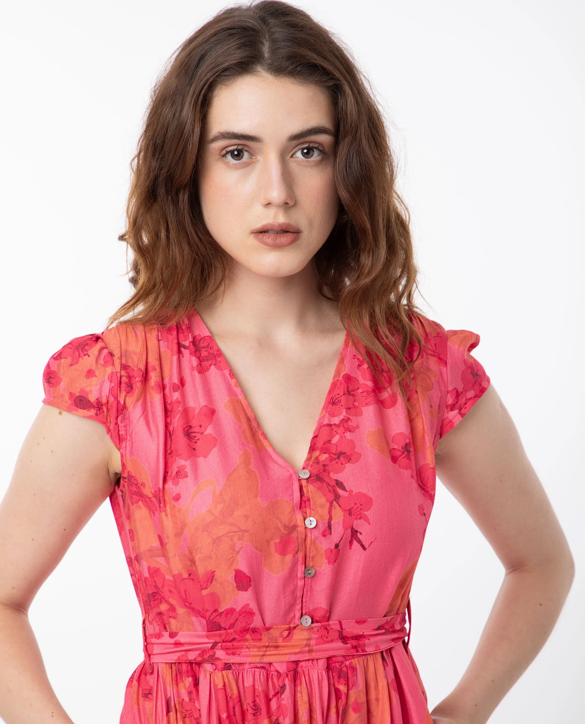 Rareism Women's Rauena Pink Polyester Blend V-Neck Floral Print Cape Sleeve Midi Tiered Dress - Image 2