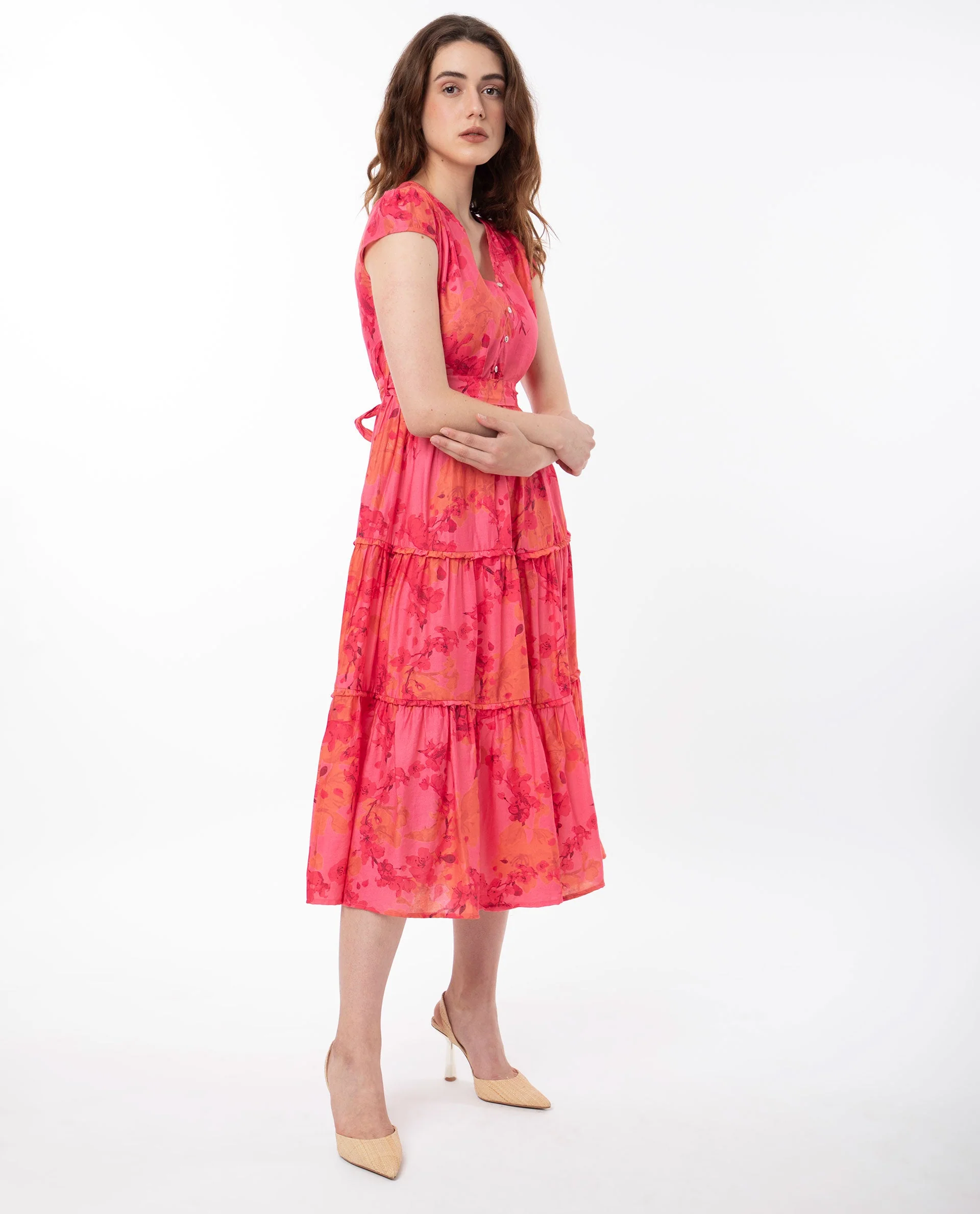 Rareism Women's Rauena Pink Polyester Blend V-Neck Floral Print Cape Sleeve Midi Tiered Dress - Image 4