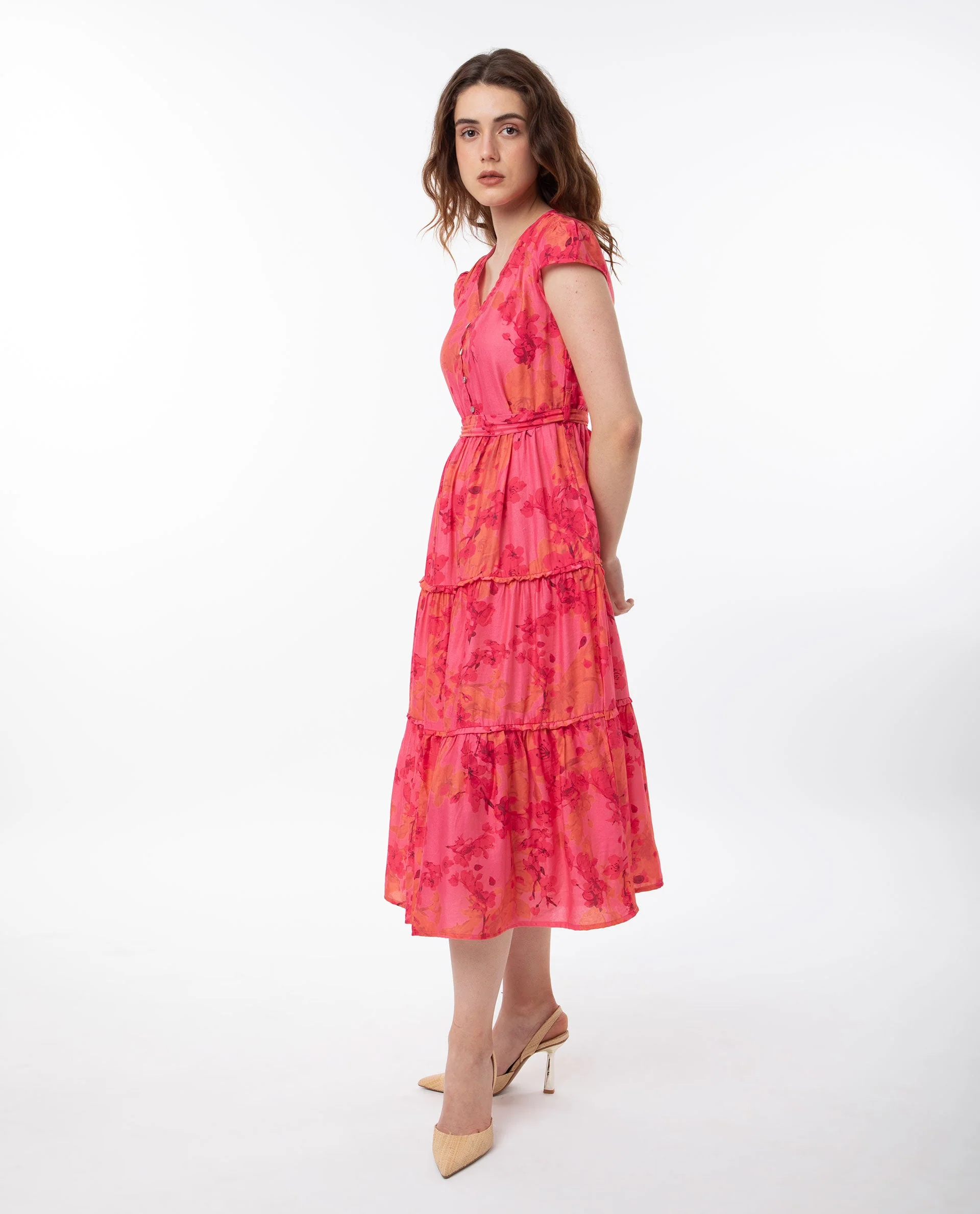 Rareism Women's Rauena Pink Polyester Blend V-Neck Floral Print Cape Sleeve Midi Tiered Dress - Image 5