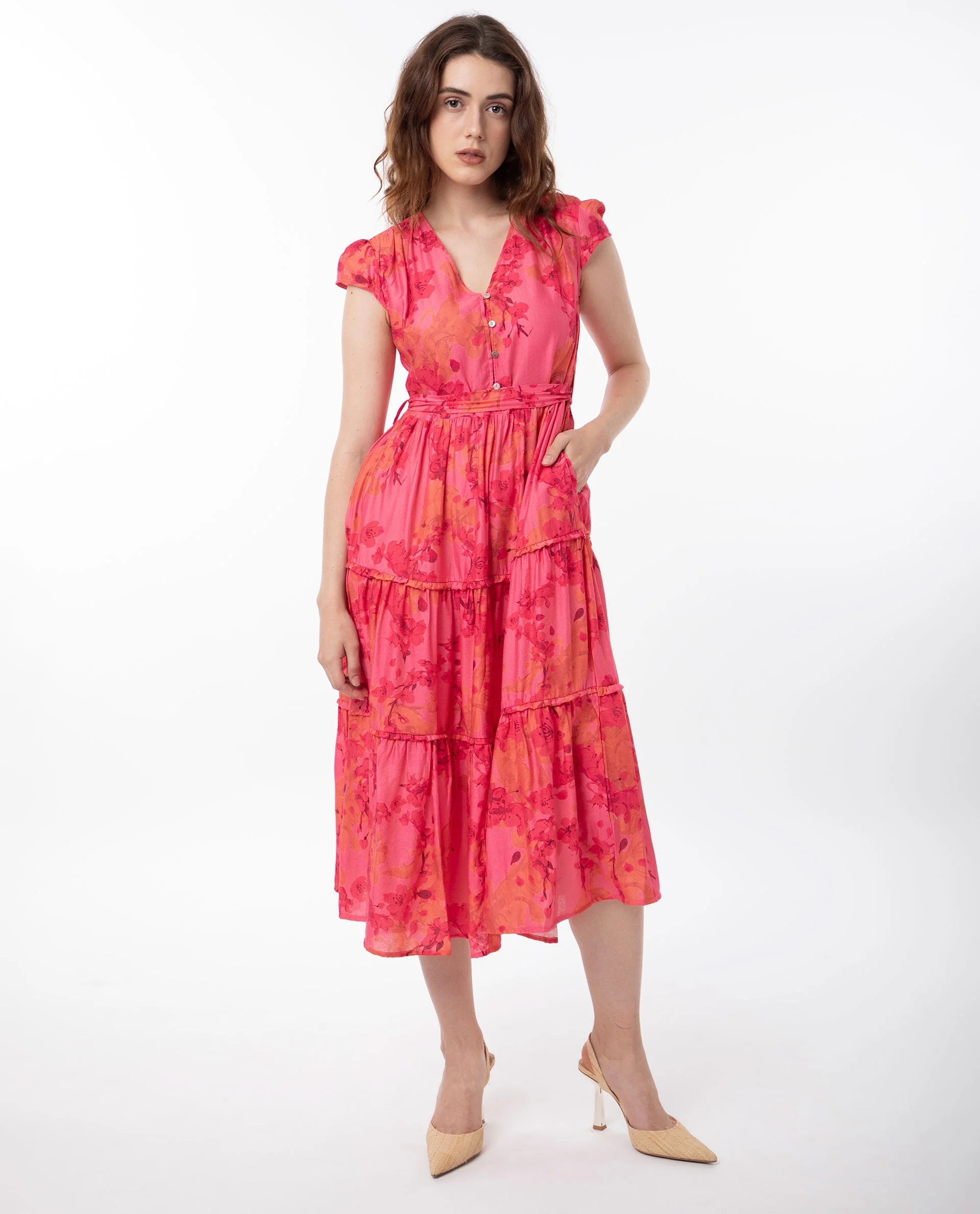 Rareism Women's Rauena Pink Polyester Blend V-Neck Floral Print Cape Sleeve Midi Tiered Dress - Image 6