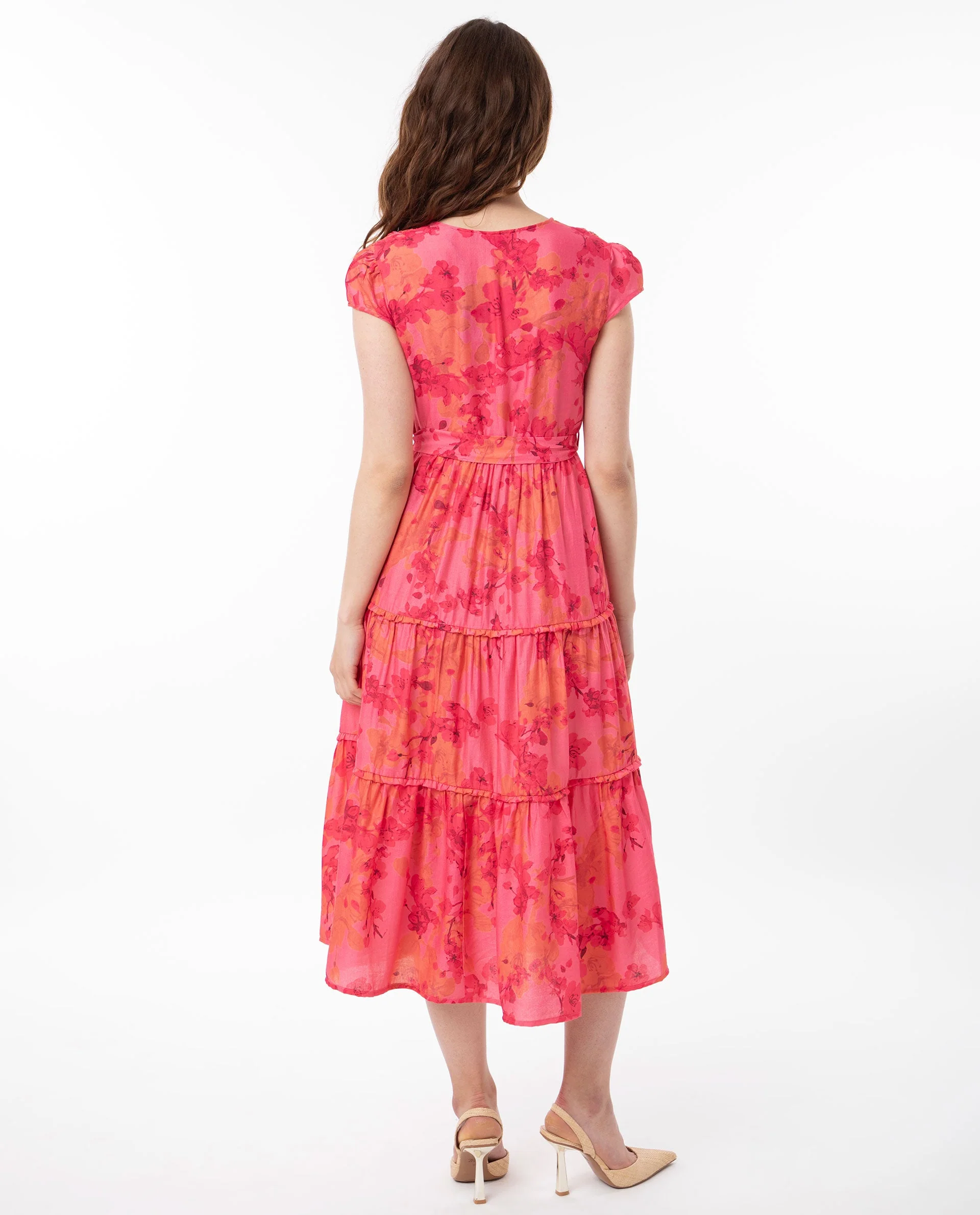 Rareism Women's Rauena Pink Polyester Blend V-Neck Floral Print Cape Sleeve Midi Tiered Dress - Image 8