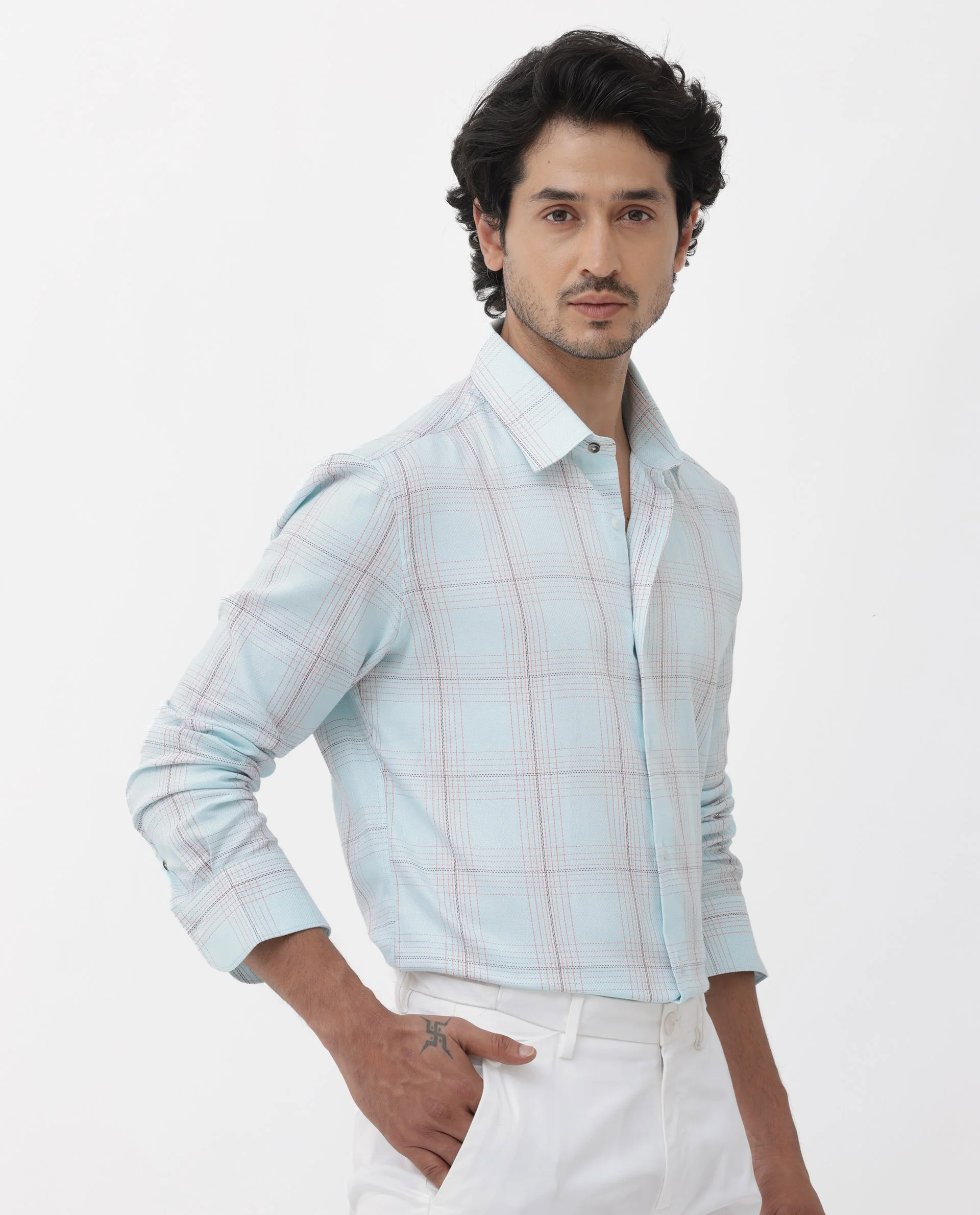 Rare Rabbit Men's Raul Light Blue Cotton Checked Print Regular Fit Full Sleeve Collared Shirt - Image 10