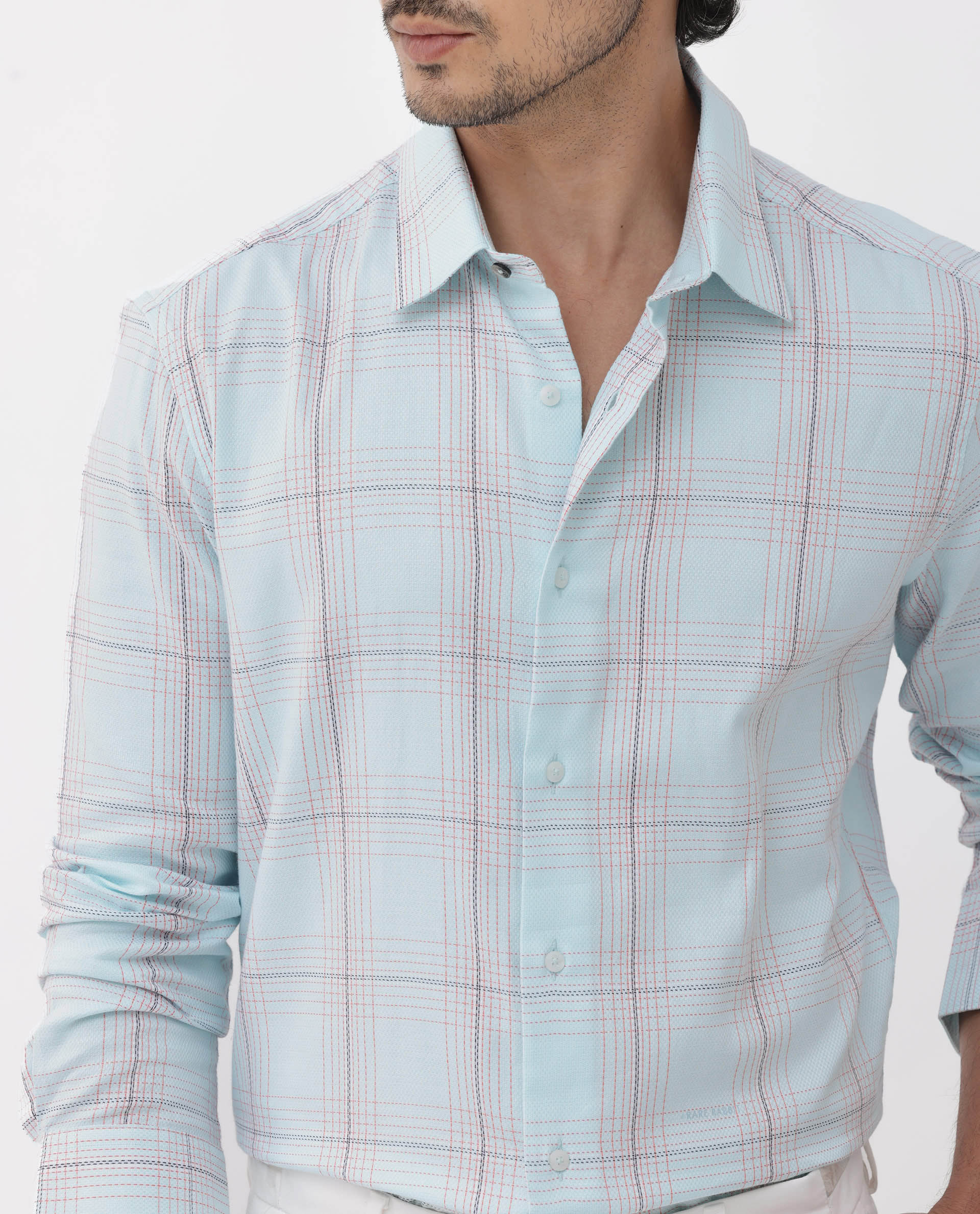 Rare Rabbit Men's Raul Light Blue Cotton Checked Print Regular Fit Full Sleeve Collared Shirt - Image 12