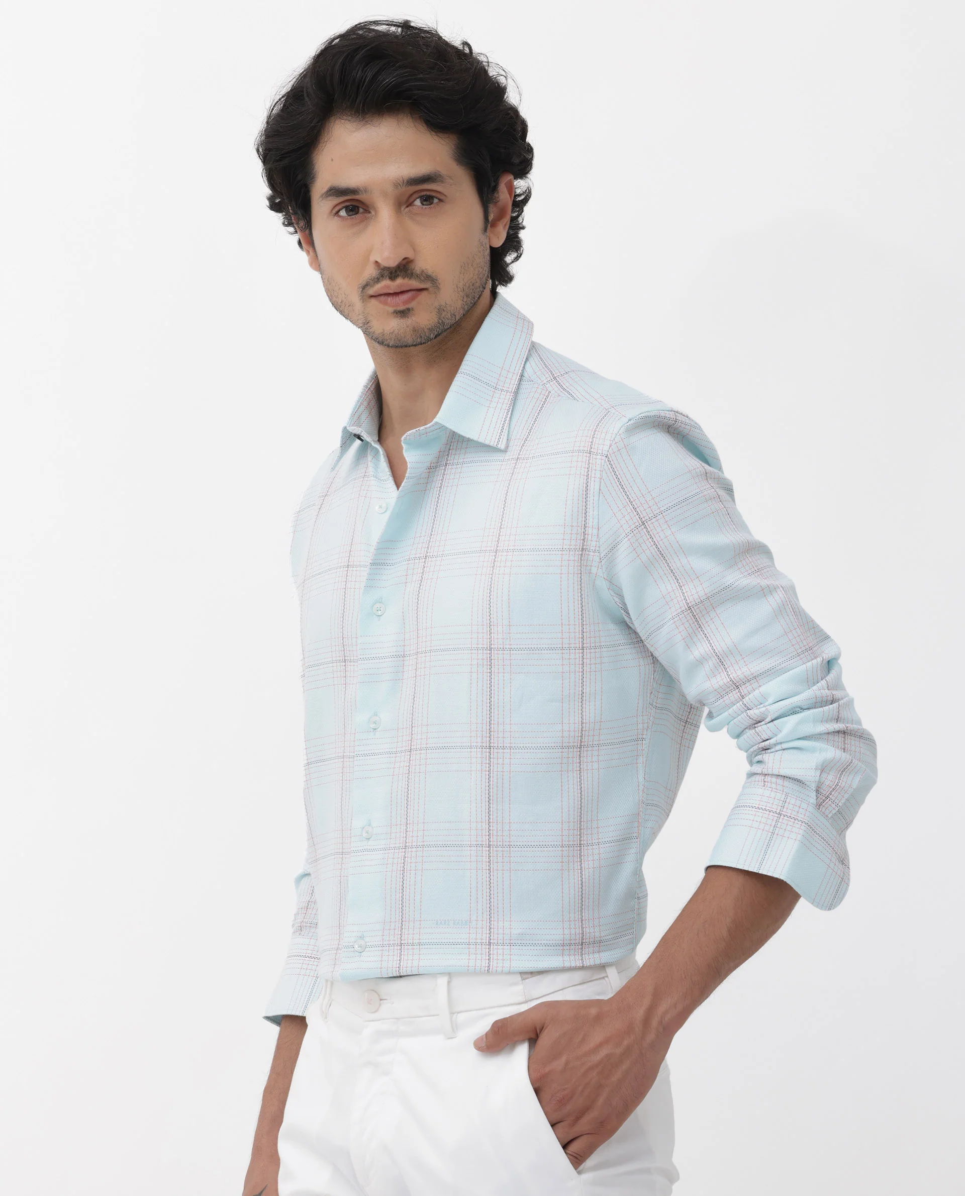 Rare Rabbit Men's Raul Light Blue Cotton Checked Print Regular Fit Full Sleeve Collared Shirt - Image 3