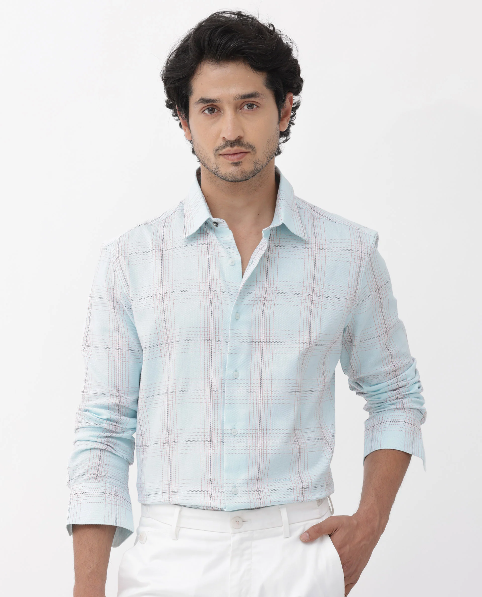Rare Rabbit Men's Raul Light Blue Cotton Checked Print Regular Fit Full Sleeve Collared Shirt - Image 7