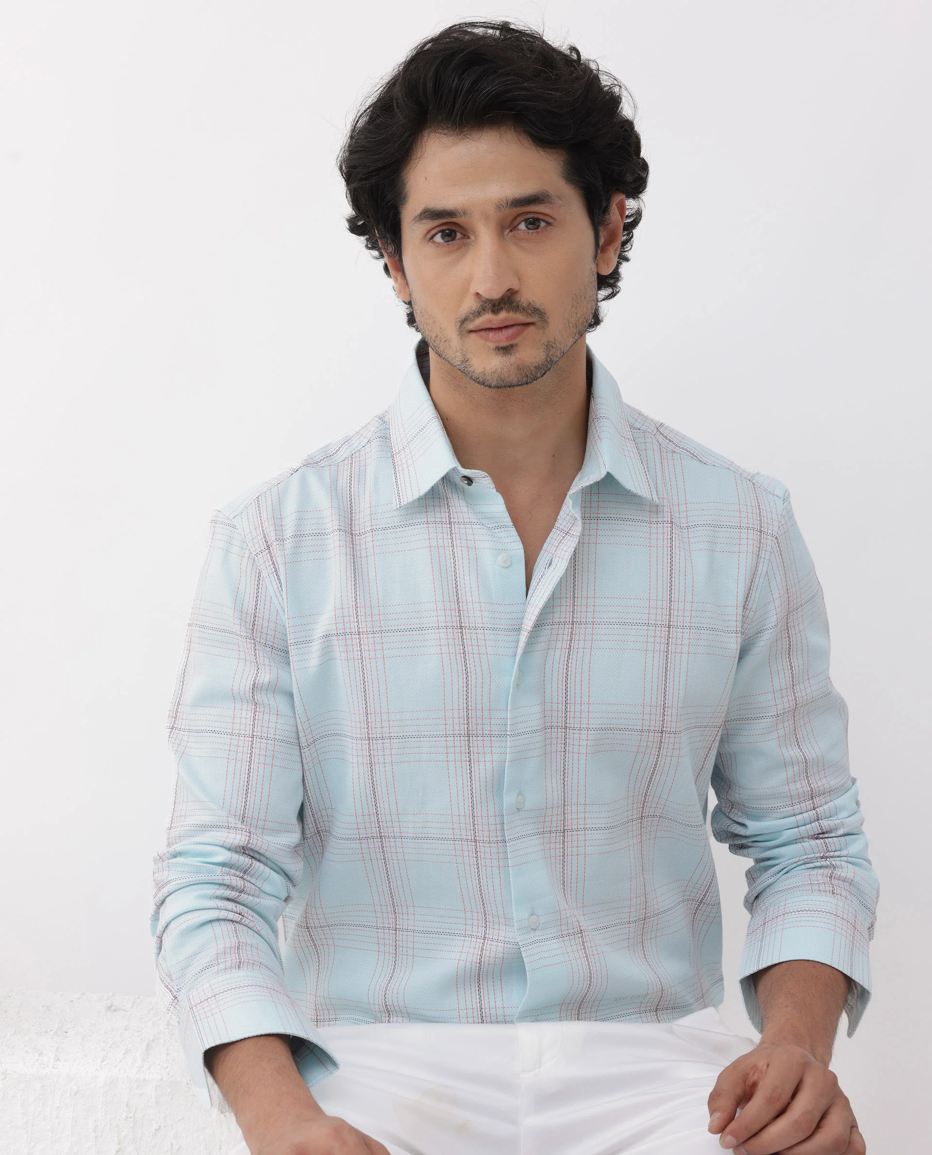 Rare Rabbit Men's Raul Light Blue Cotton Checked Print Regular Fit Full Sleeve Collared Shirt - Image 8