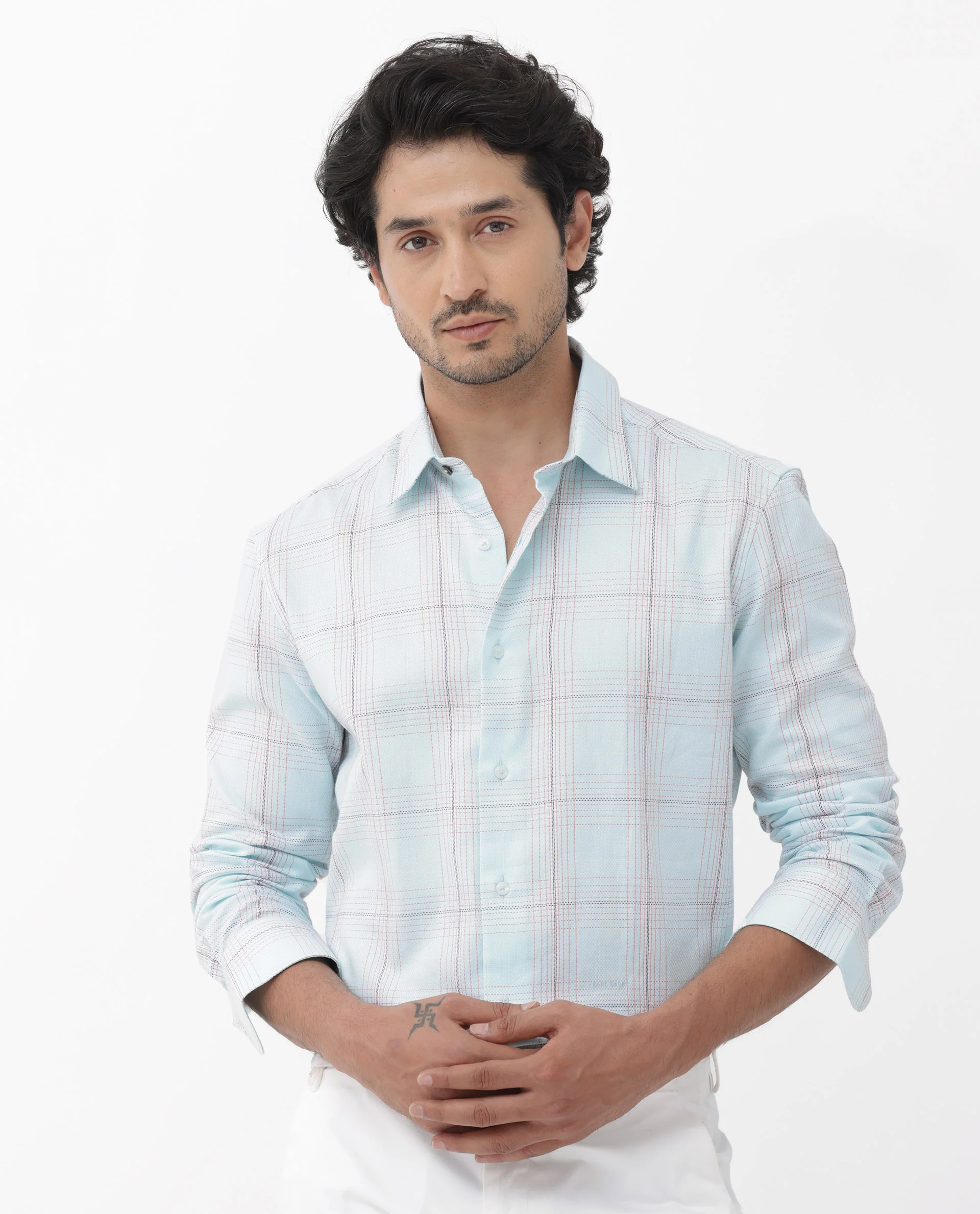 Rare Rabbit Men's Raul Light Blue Cotton Checked Print Regular Fit Full Sleeve Collared Shirt - Image 9