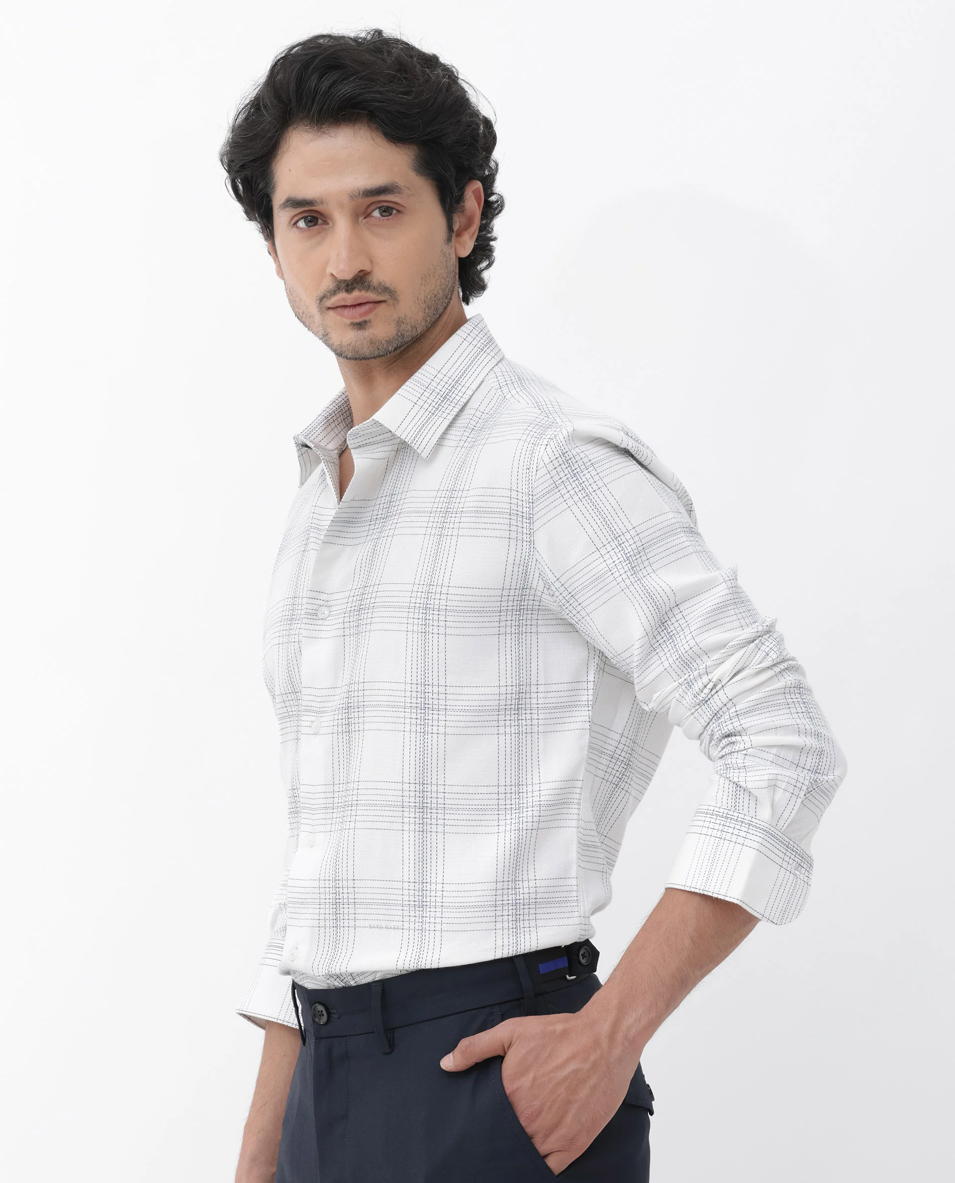 Rare Rabbit Men's Raul White Cotton Checked Print Regular Fit Full Sleeve Collared Shirt - Image 3