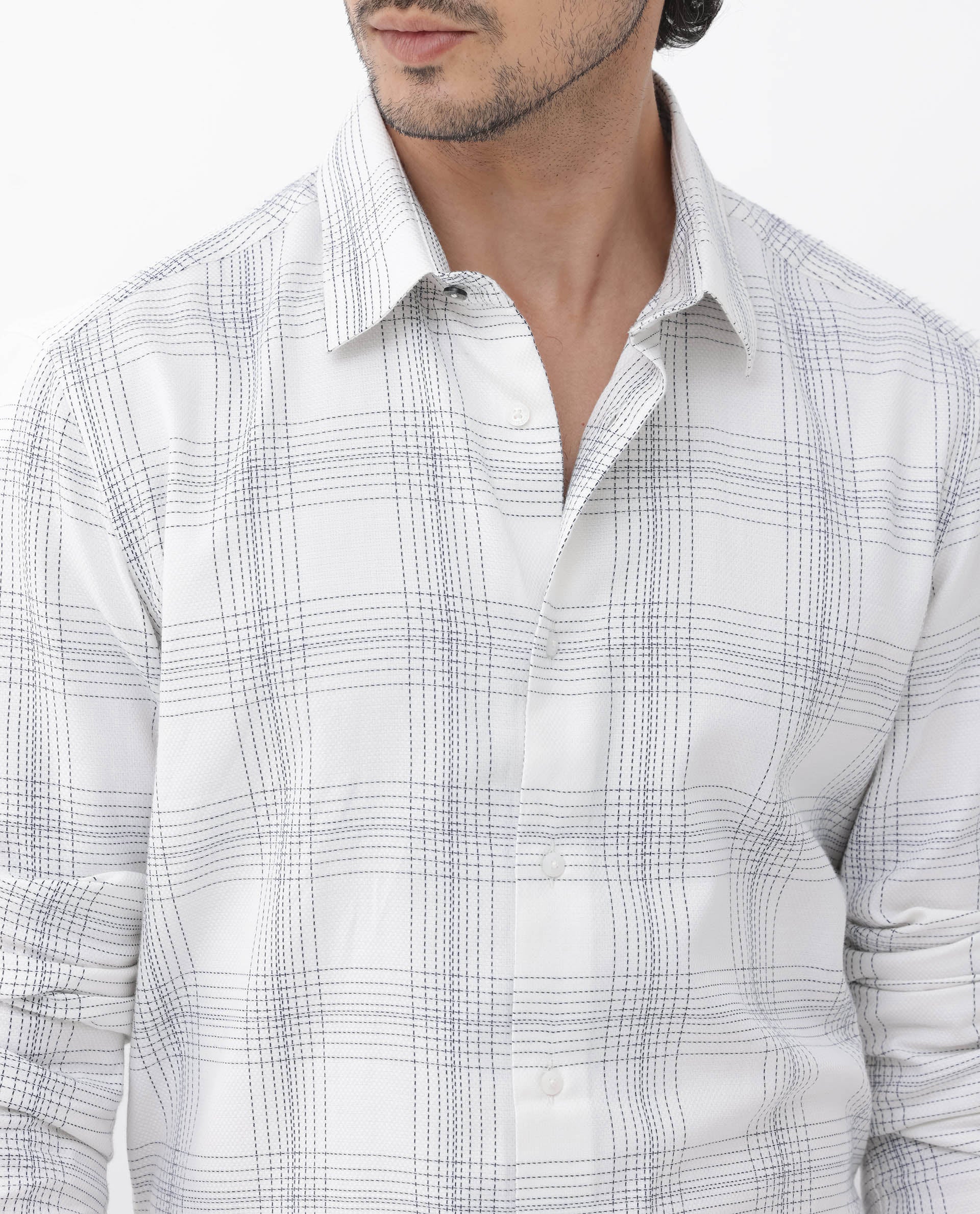 Rare Rabbit Men's Raul White Cotton Checked Print Regular Fit Full Sleeve Collared Shirt - Image 5