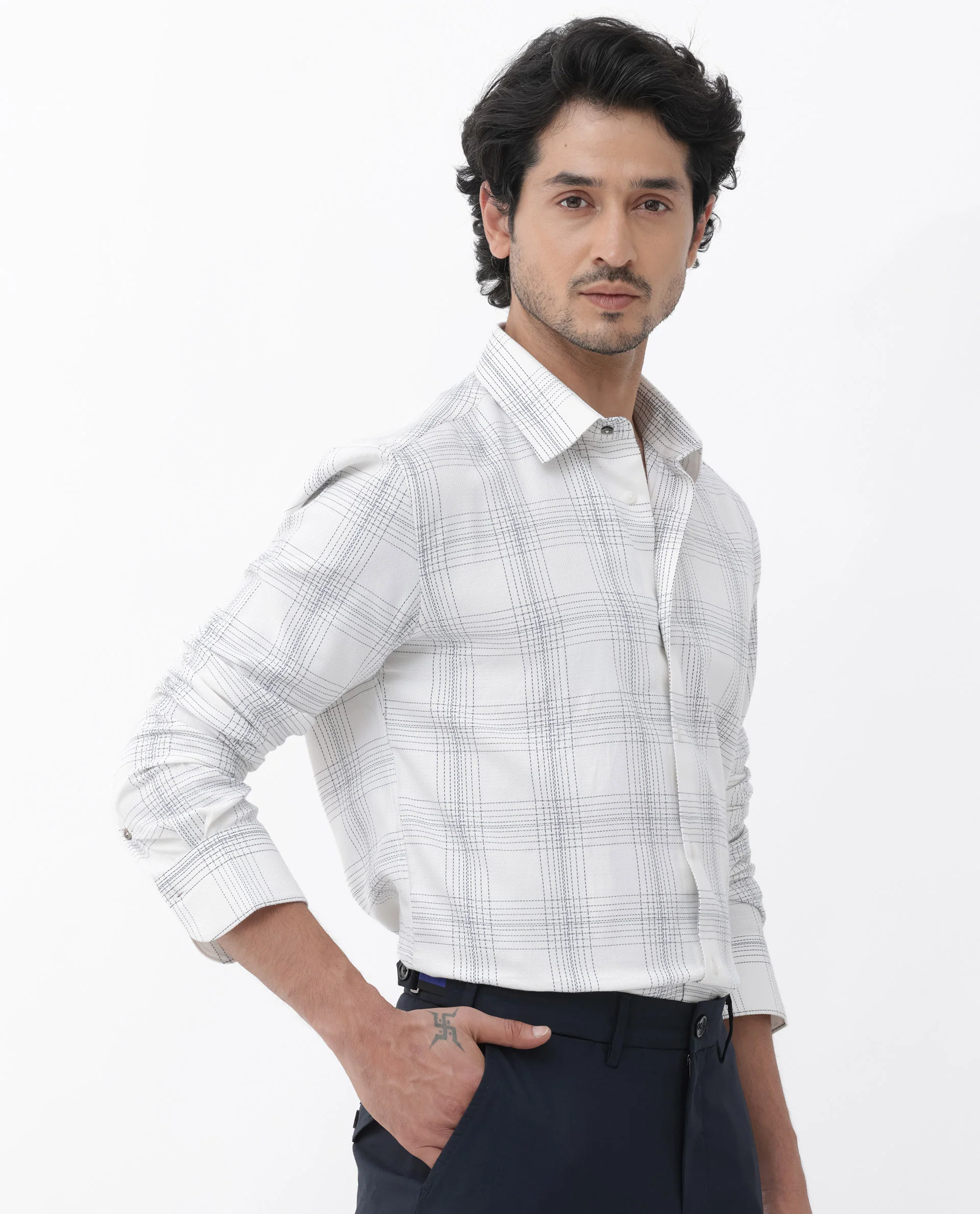 Rare Rabbit Men's Raul White Cotton Checked Print Regular Fit Full Sleeve Collared Shirt - Image 9