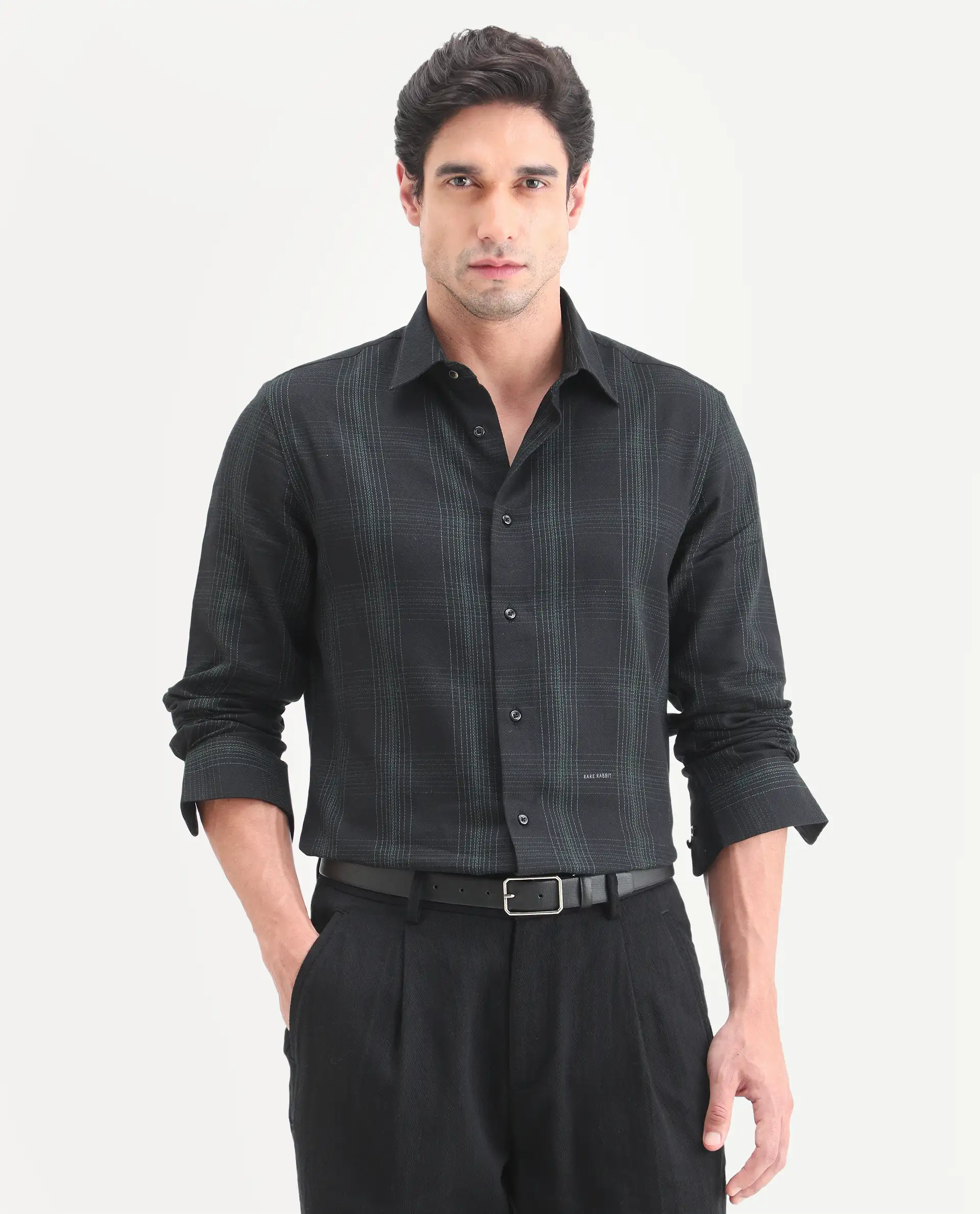 Rare Rabbit Men's Raul-S26 Black Cotton Full Sleeve Spread Collar Regular Fit Checked Shirt - Image 4