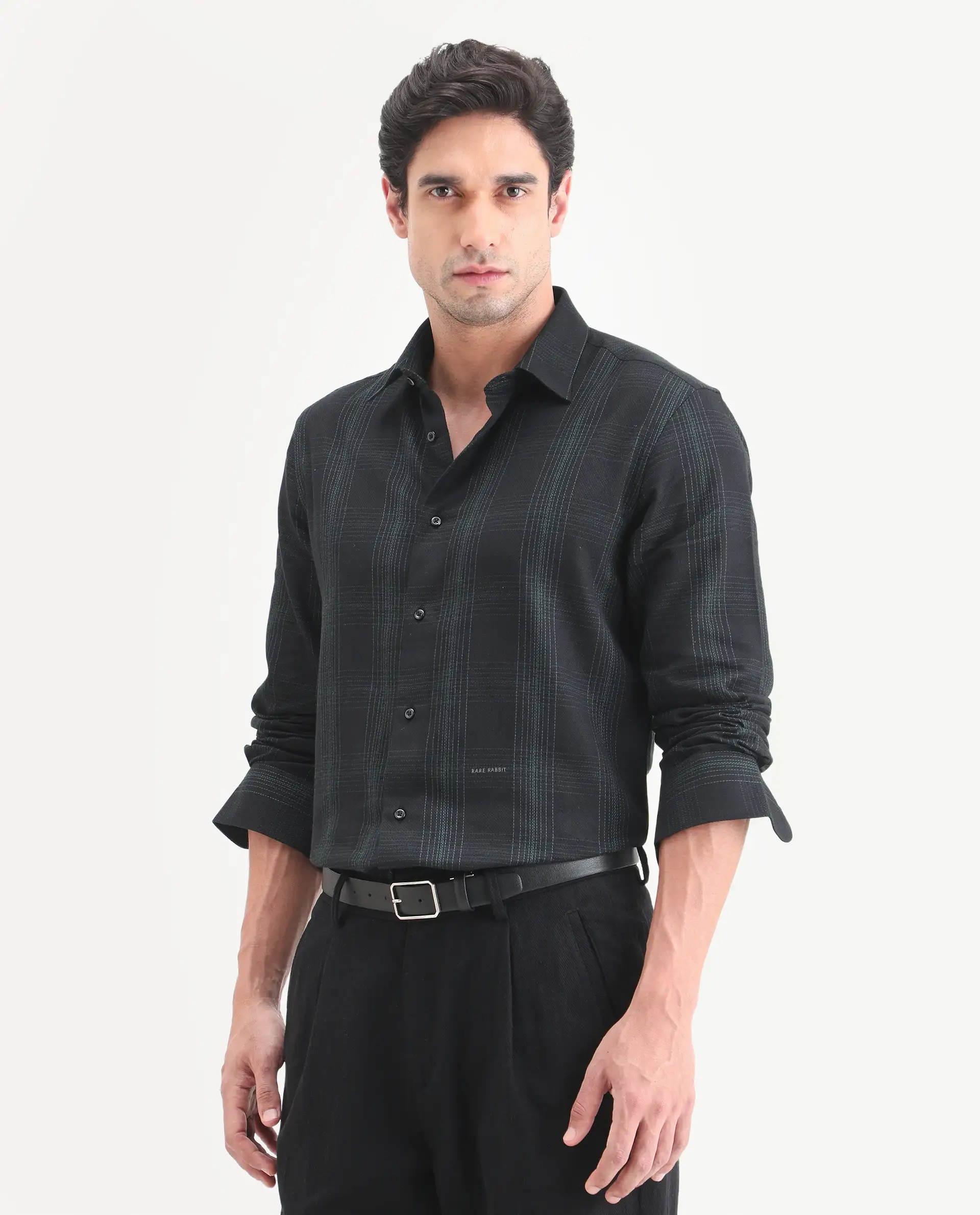 Rare Rabbit Men's Raul-S26 Black Cotton Full Sleeve Spread Collar Regular Fit Checked Shirt - Image 5