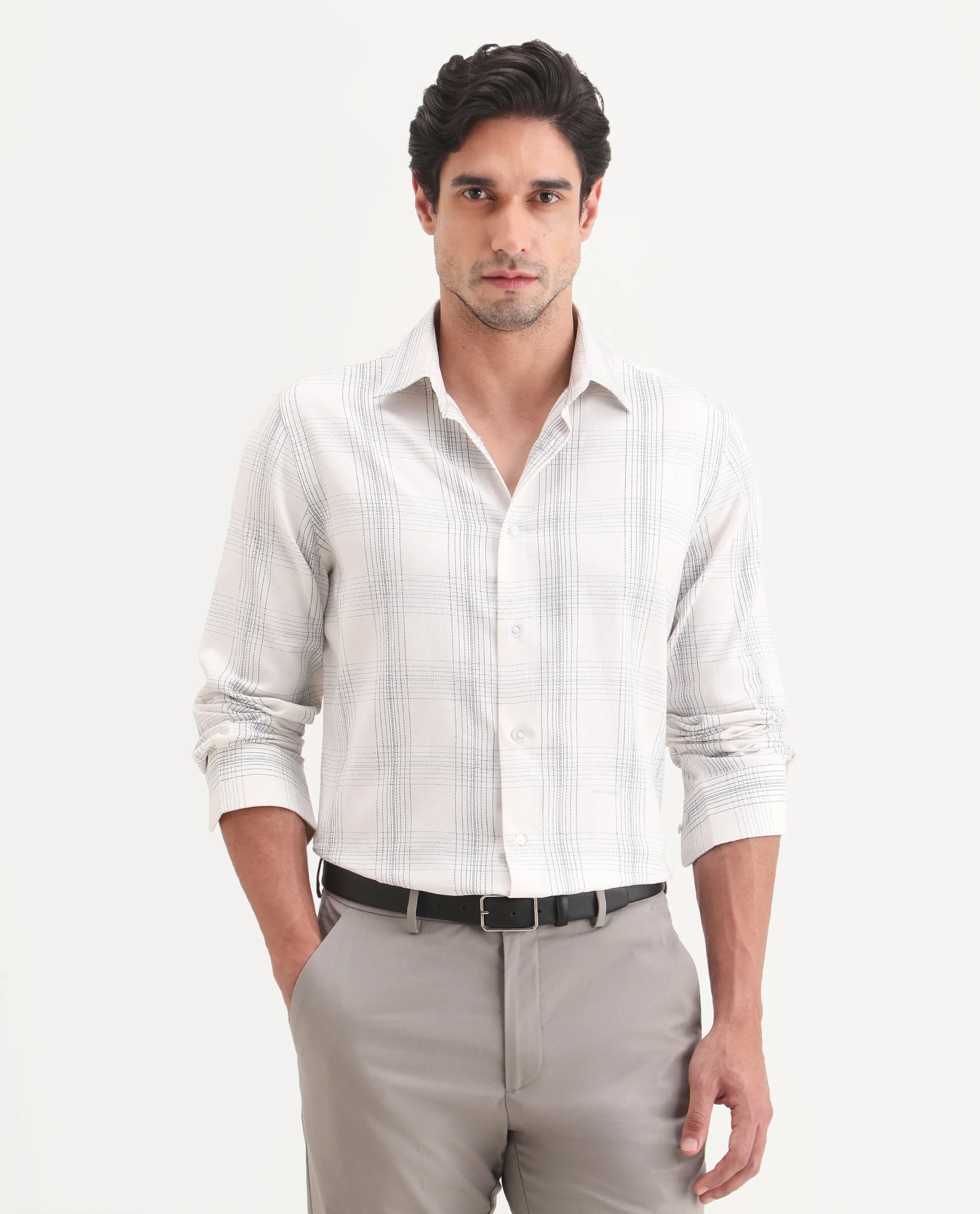 Rare Rabbit Men's Raul-S26 White Cotton Full Sleeve Spread Collar Regular Fit Checked Shirt - Image 4