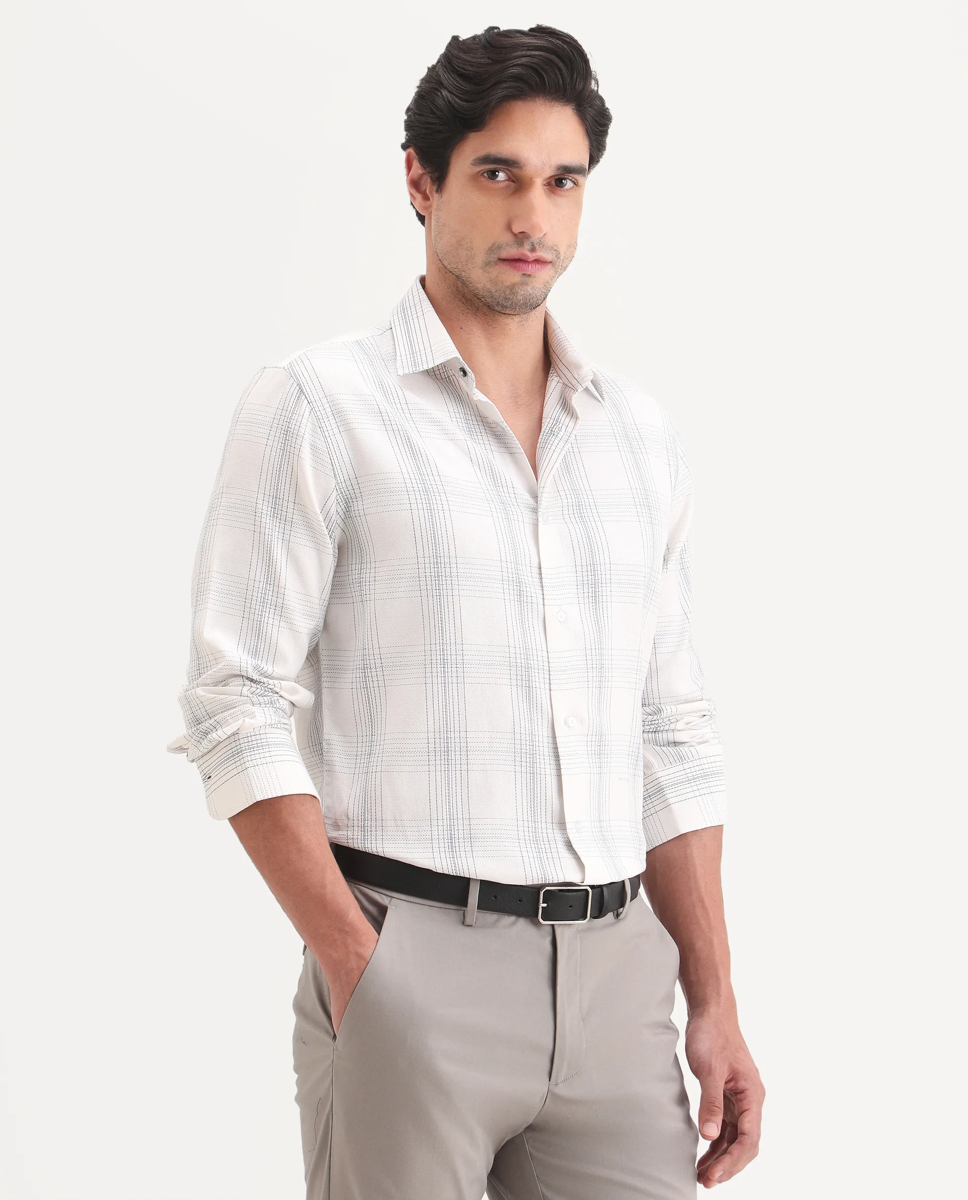 Rare Rabbit Men's Raul-S26 White Cotton Full Sleeve Spread Collar Regular Fit Checked Shirt - Image 5