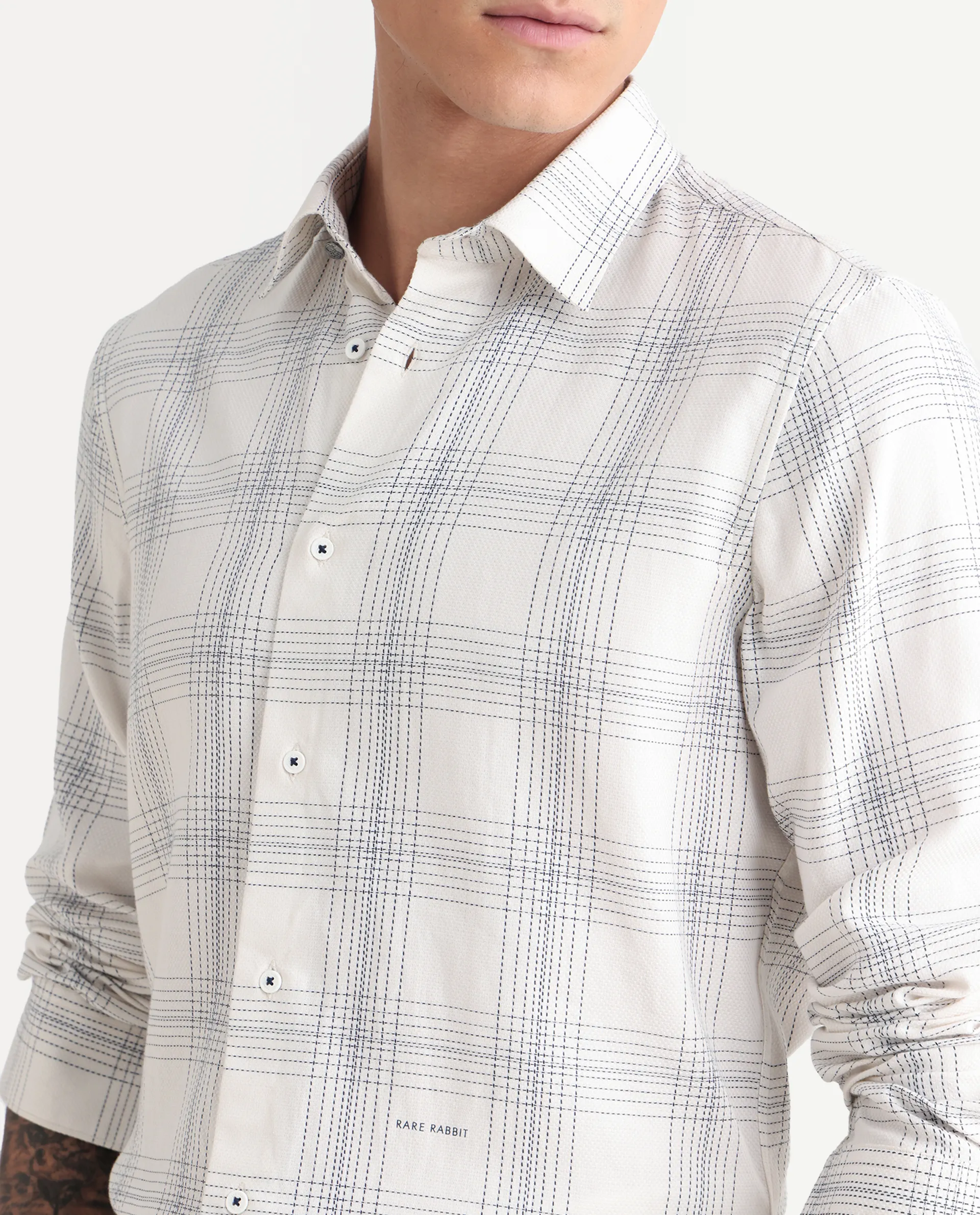 Rare Rabbit Men's Raul 25 Off White Cotton Checked Print Regular Fit Full Sleeve Collared Shirt - Image 3