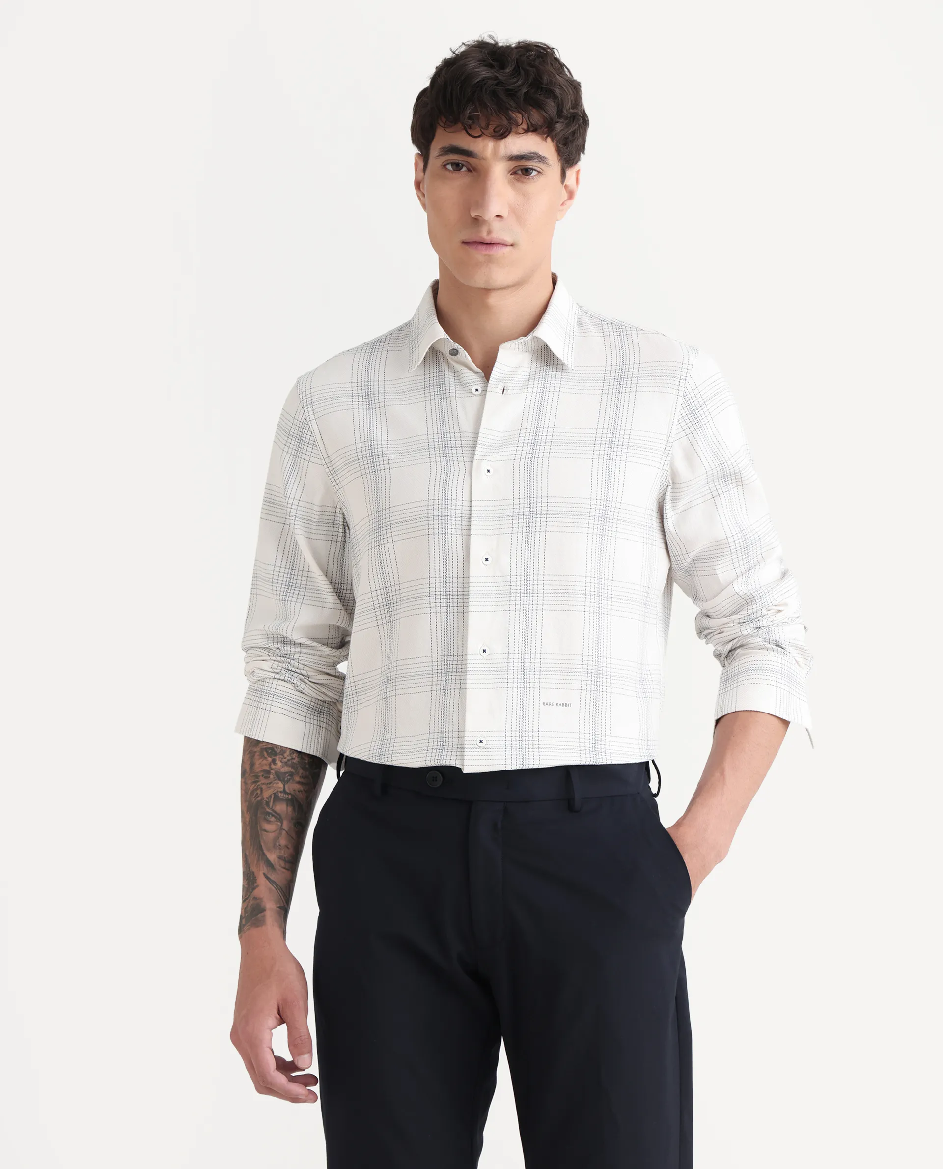 Rare Rabbit Men's Raul 25 Off White Cotton Checked Print Regular Fit Full Sleeve Collared Shirt - Image 4