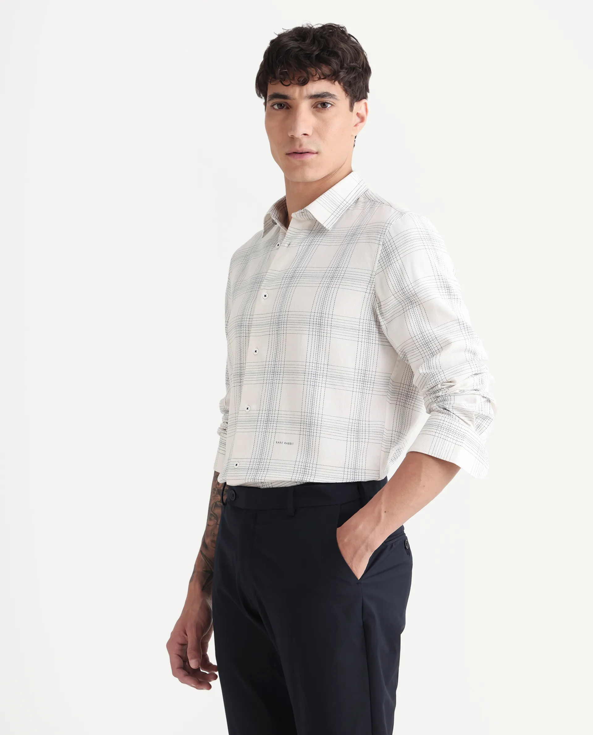 Rare Rabbit Men's Raul 25 Off White Cotton Checked Print Regular Fit Full Sleeve Collared Shirt - Image 5