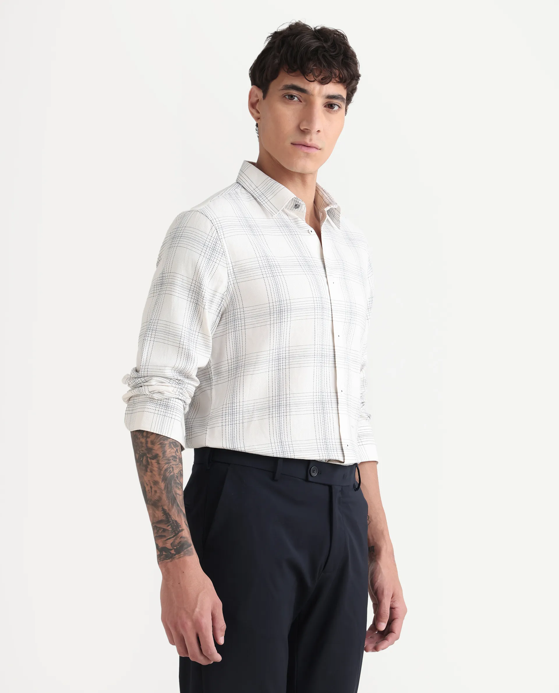 Rare Rabbit Men's Raul 25 Off White Cotton Checked Print Regular Fit Full Sleeve Collared Shirt - Image 6