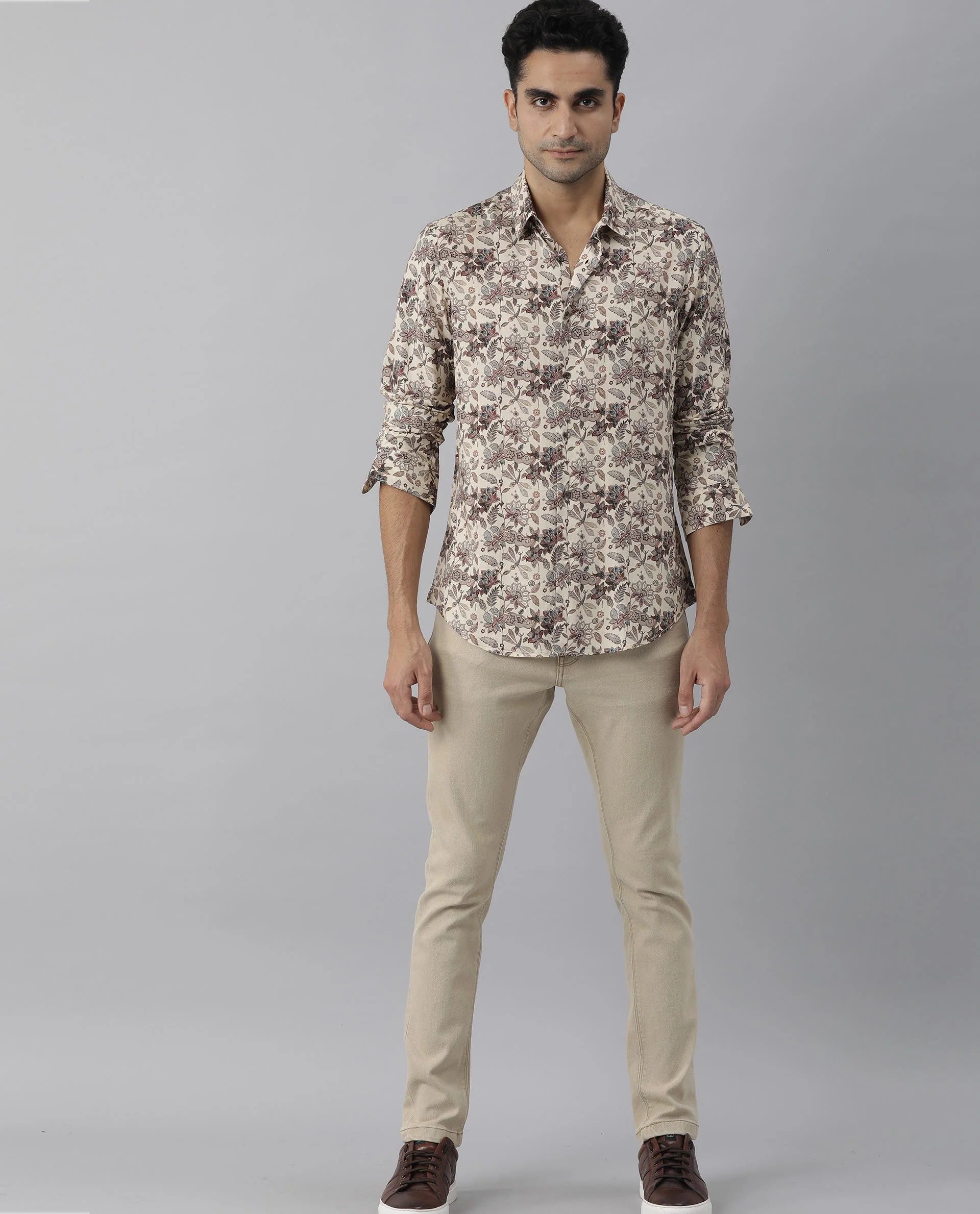 Rare Rabbit Men's Ravell Beige Viscose Floral Print Regular Fit Full Sleeve Collared Shirt - Image 3