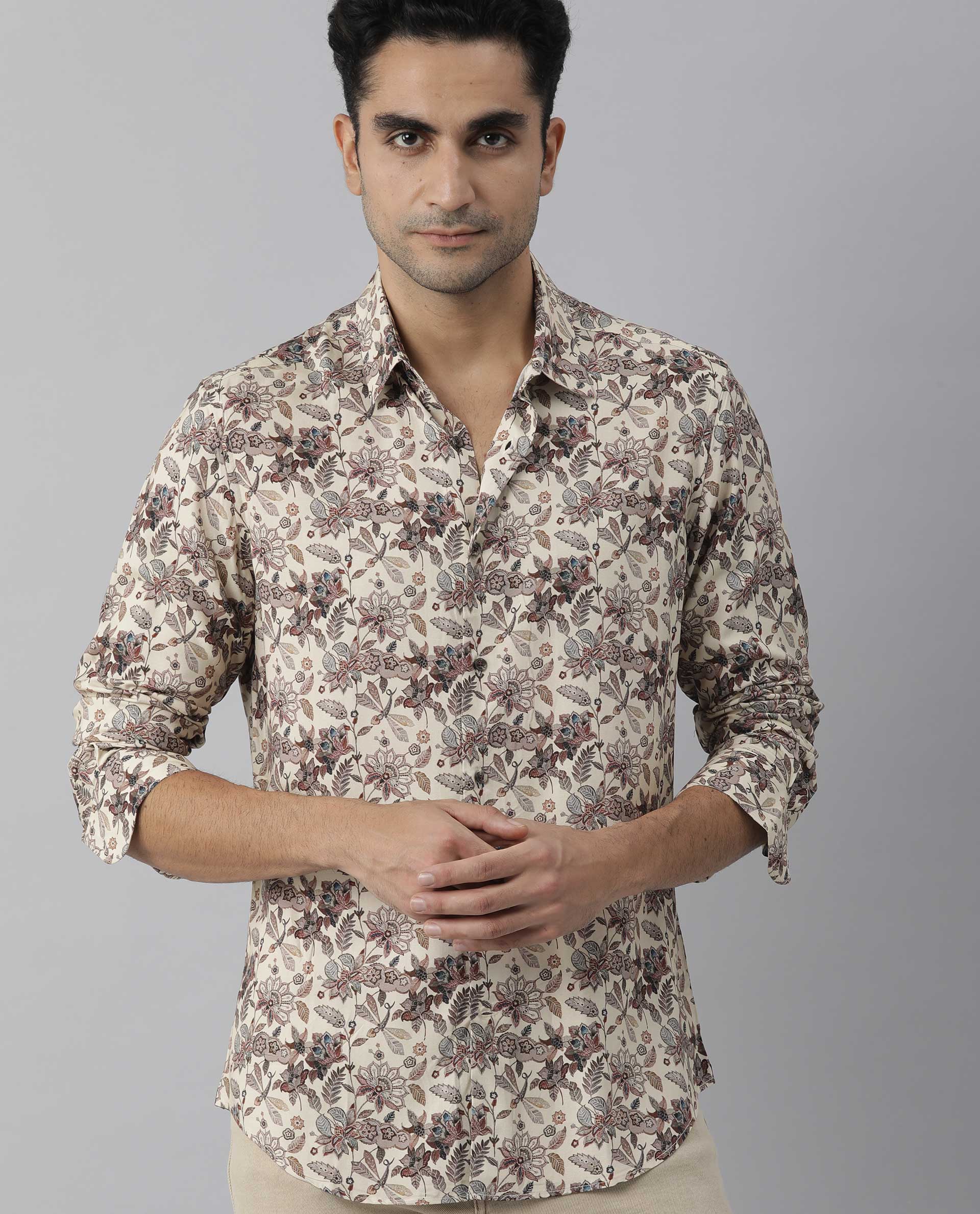 Rare Rabbit Men's Ravell Beige Viscose Floral Print Regular Fit Full Sleeve Collared Shirt - Image 4