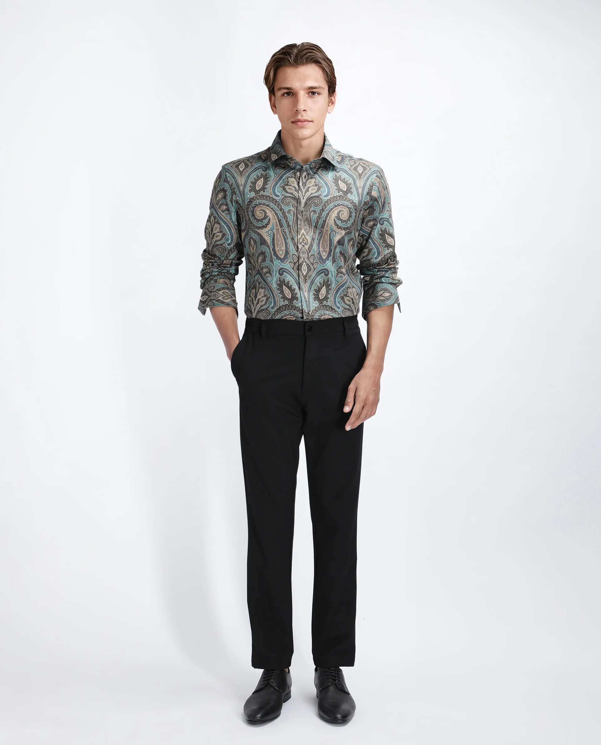 Rare Rabbit Men's Raves Green Cotton Paisley Print Regular Fit Full Sleeve Collared Shirt - Image 2