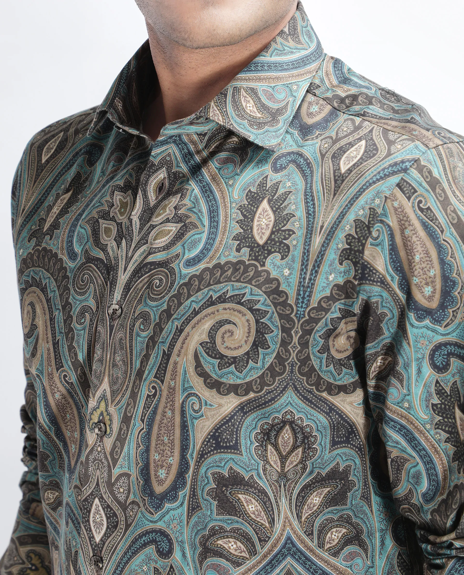Rare Rabbit Men's Raves Green Cotton Paisley Print Regular Fit Full Sleeve Collared Shirt - Image 3