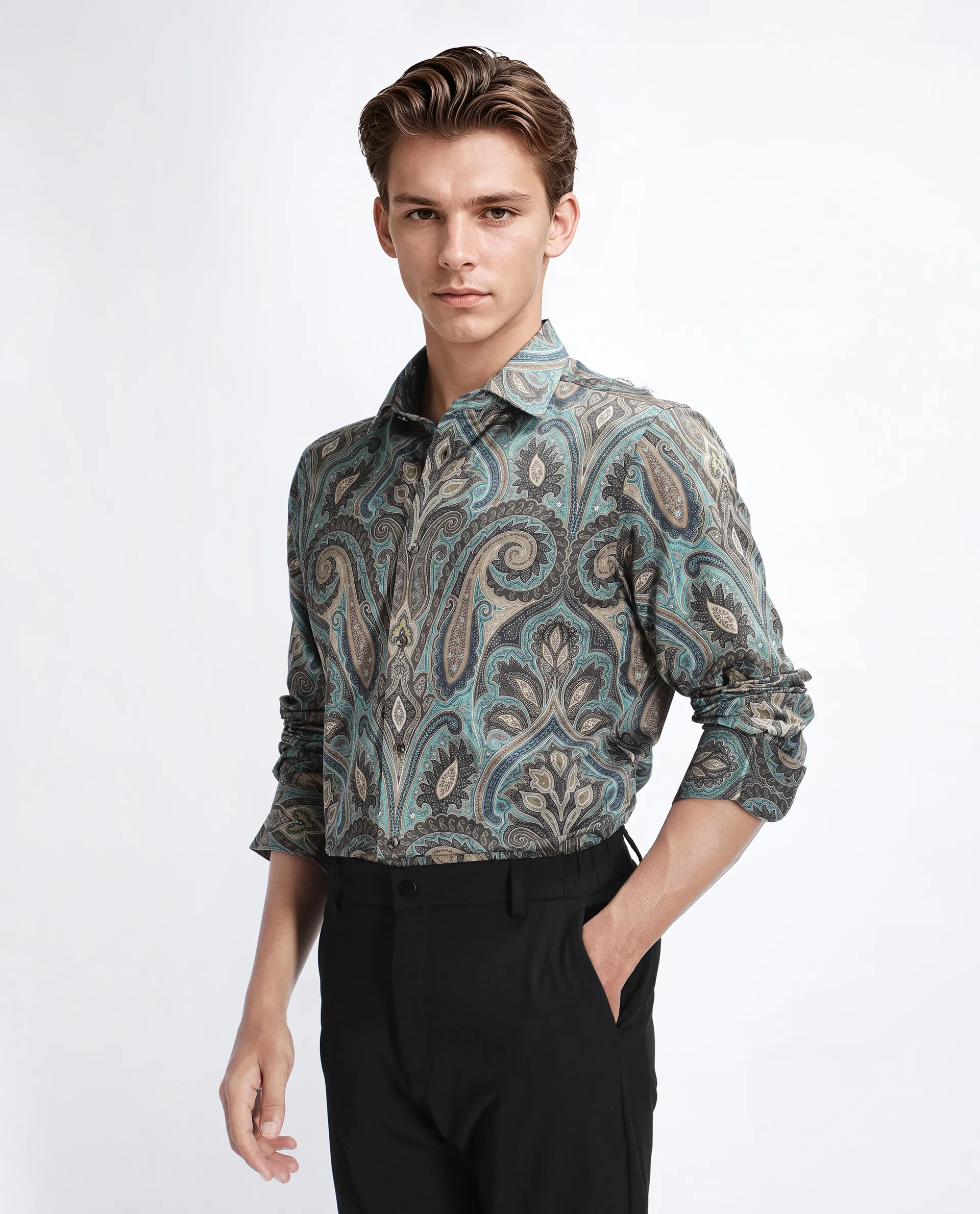 Rare Rabbit Men's Raves Green Cotton Paisley Print Regular Fit Full Sleeve Collared Shirt - Image 5